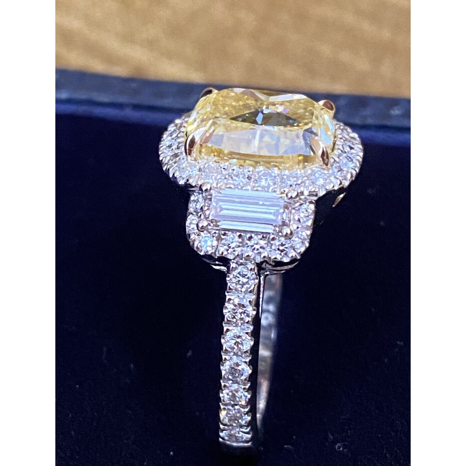GIA 4.02 ct Fancy Yellow Cushion VS1 Diamond Ring in Plat & 18k Gold - HM2384BV