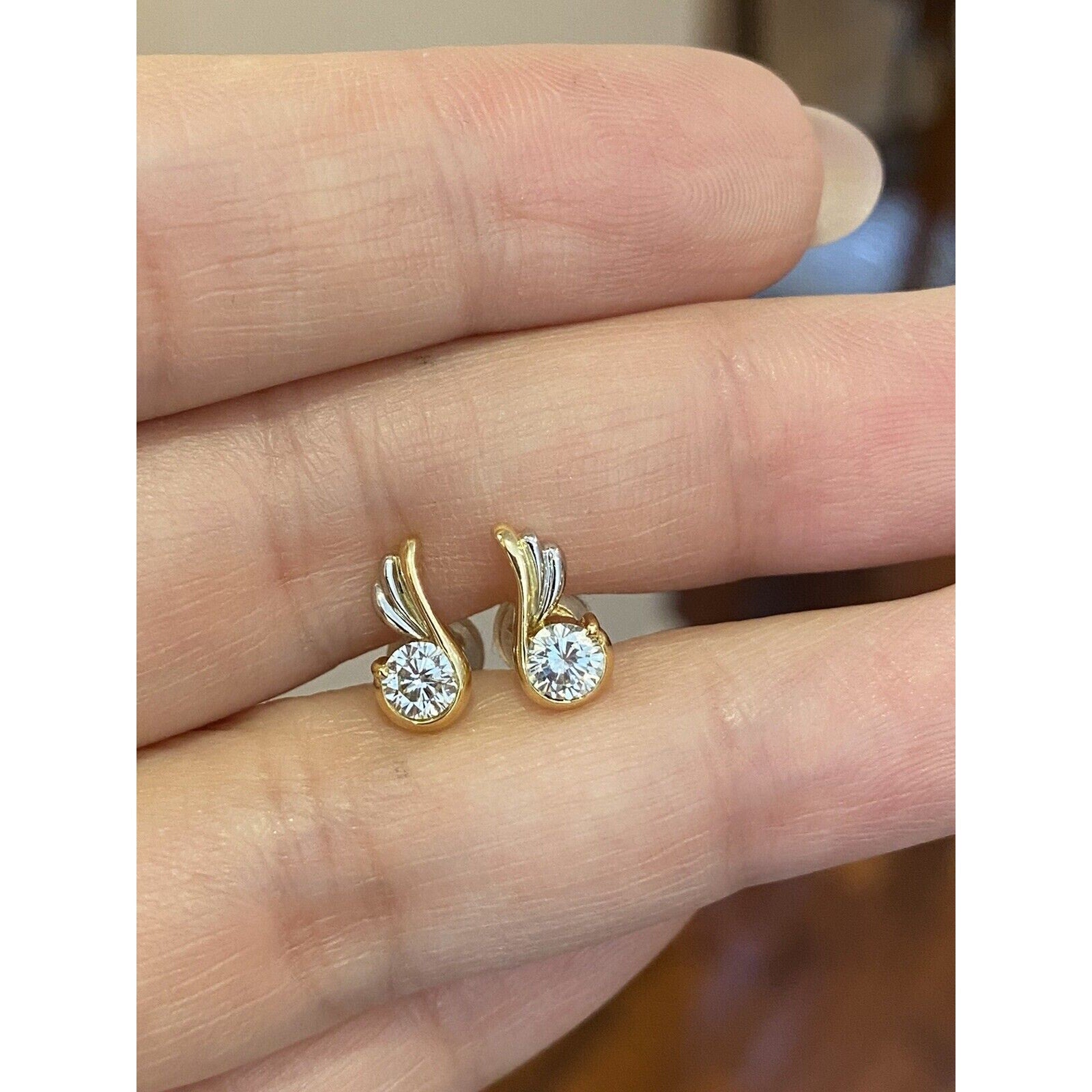 .52 cttw Diamond Stud Earrings in Wave Setting 18k Yellow and White Gold