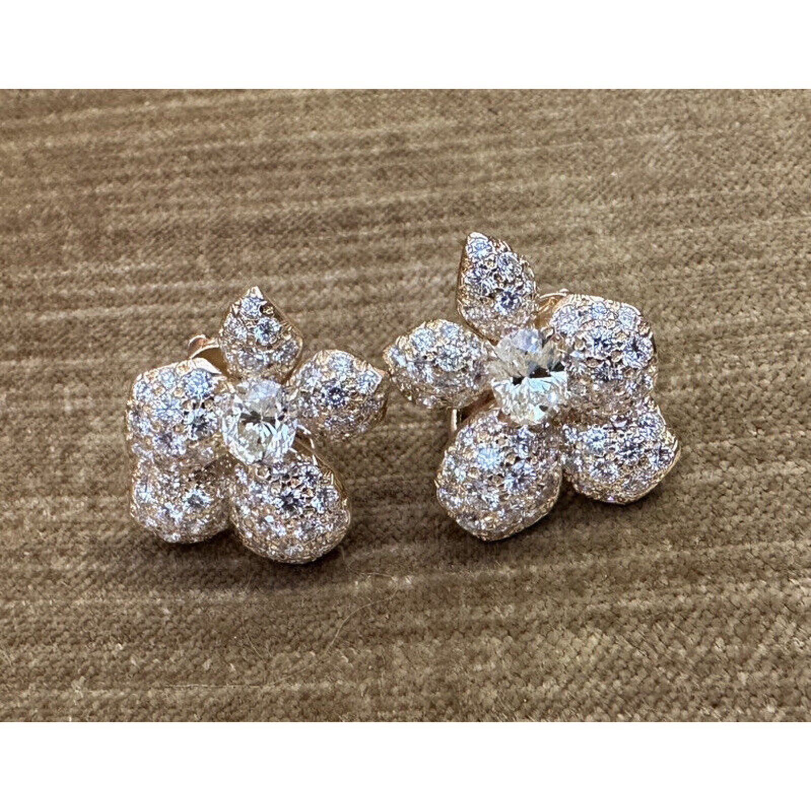 French GIA Pavé Diamond Asymmetrical Flower Earrings in 18k Yellow Gold -HM2478V