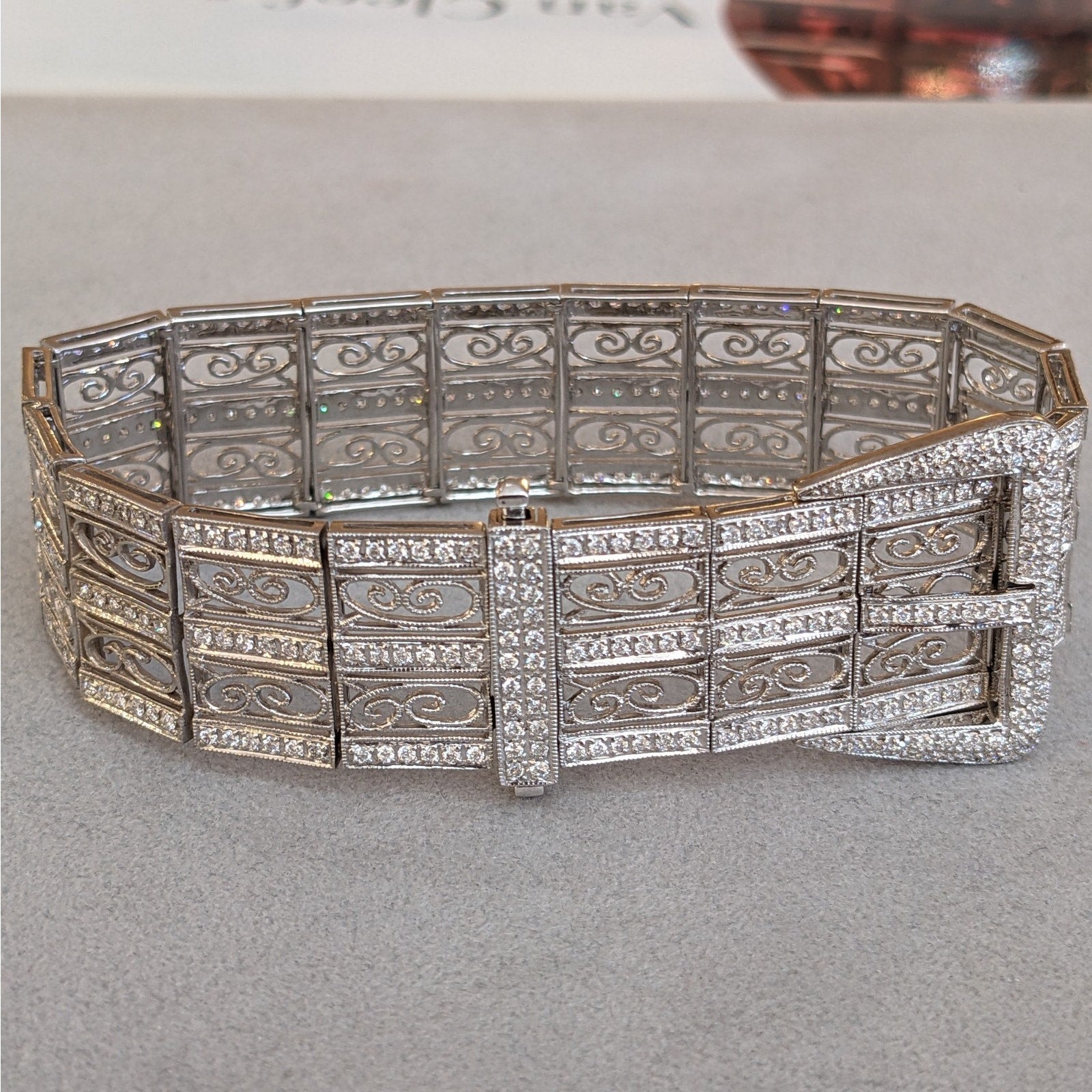 Wide Vintage Diamond Buckle Bracelet in 18k White Gold