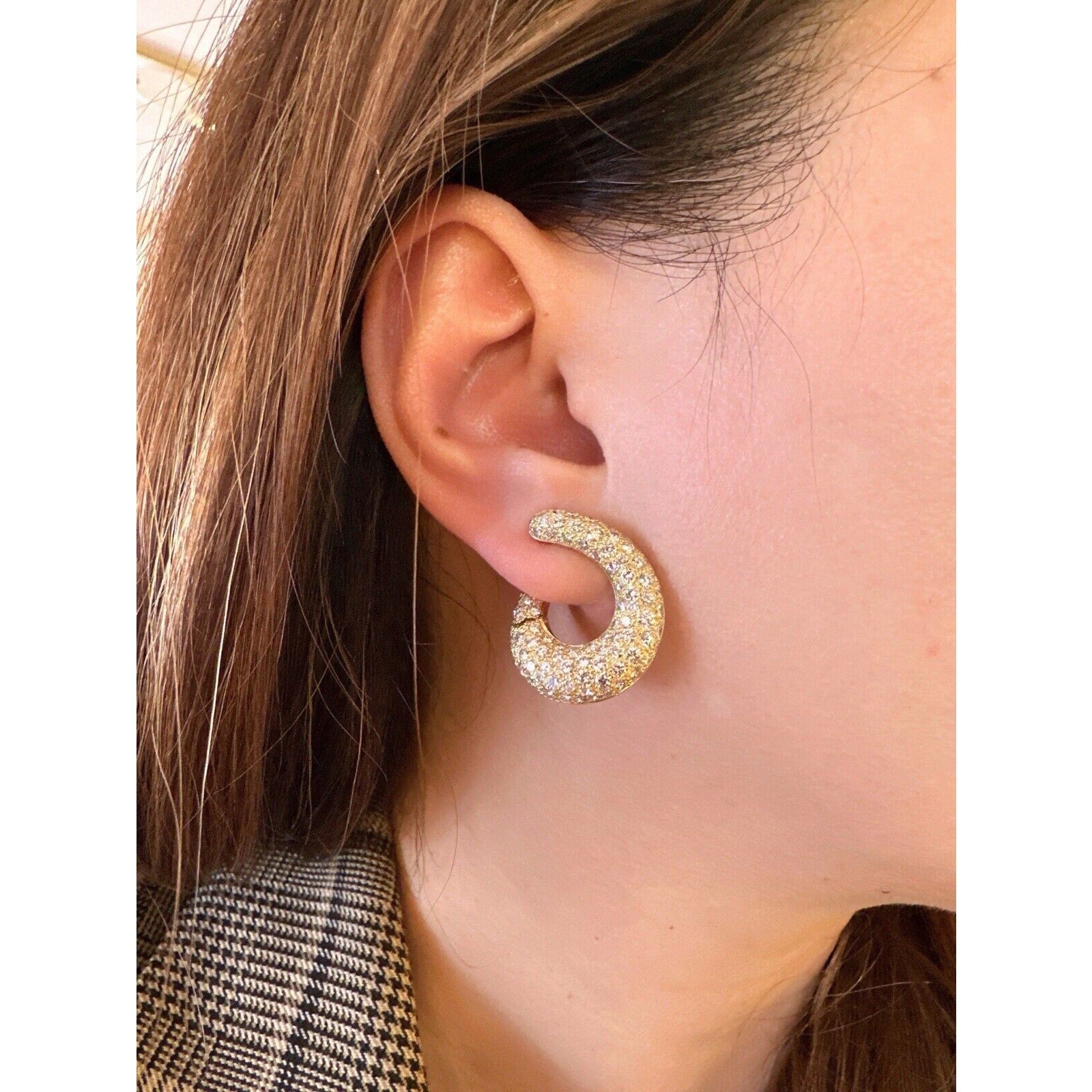 French Pave Diamond Crescent Hoop Earrings in 18k Yellow Gold