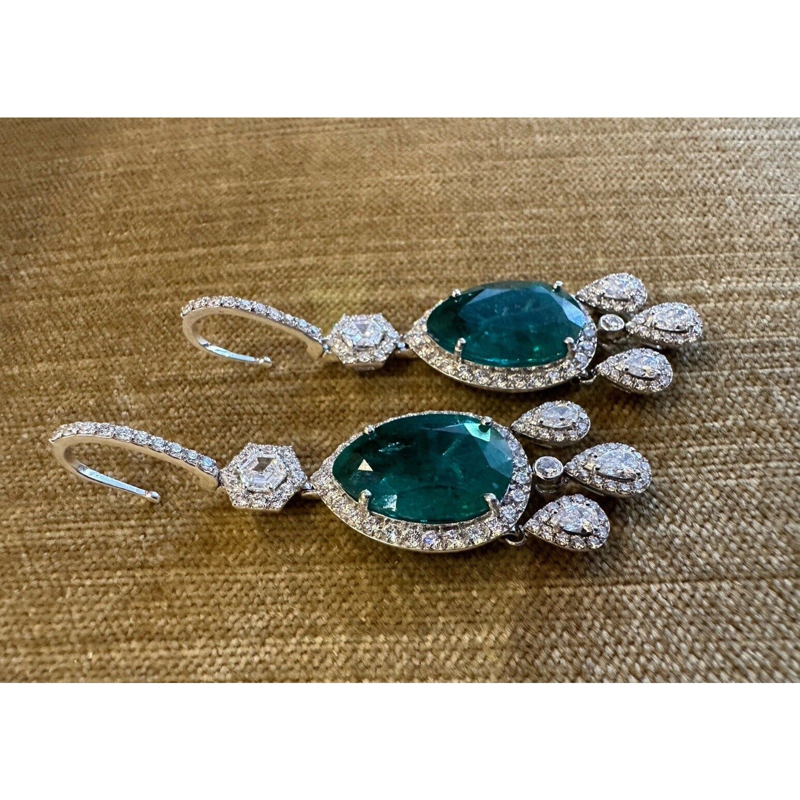 GIA Large Pear Emerald Drop Earrings with Diamonds in 18k White Gold