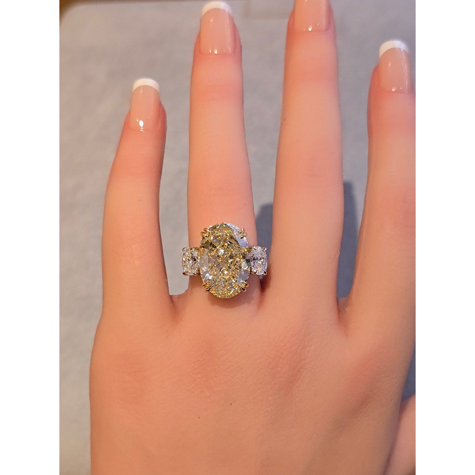 GIA 11.38ct Oval Fancy Light Yellow Diamond 3-Stone Ring in Platinum/ 18K- CF