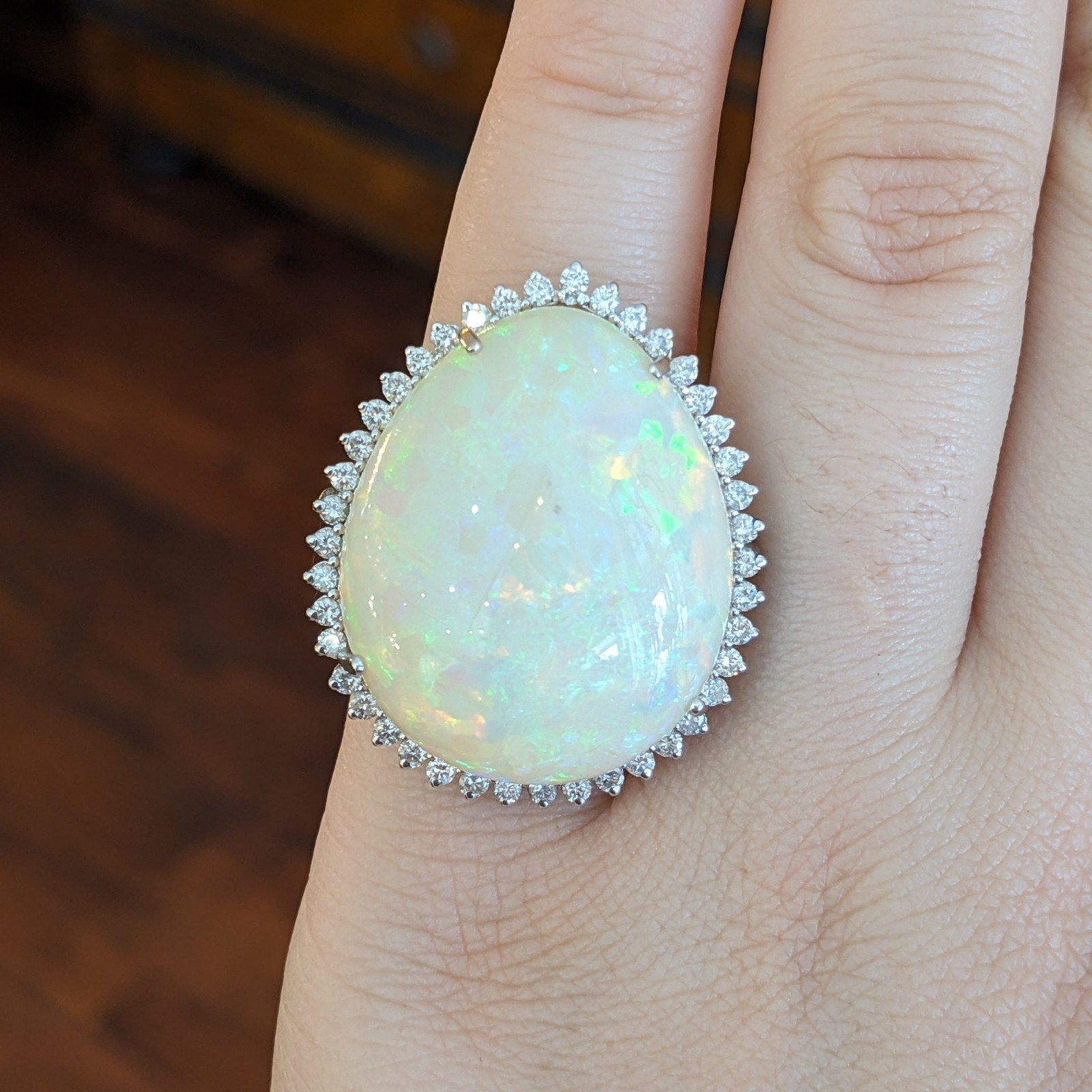 Natural 37.64 ct Opal and Diamond Ring in 18k White Gold