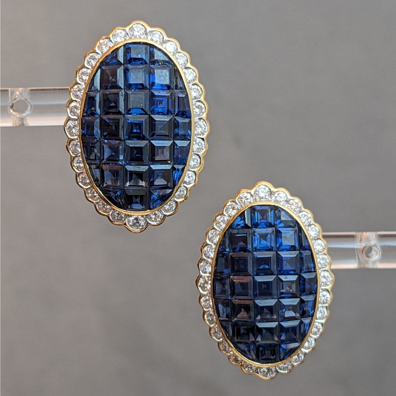 Mystery Invisible Set Sapphire and Diamond Earrings in 18k Yellow Gold