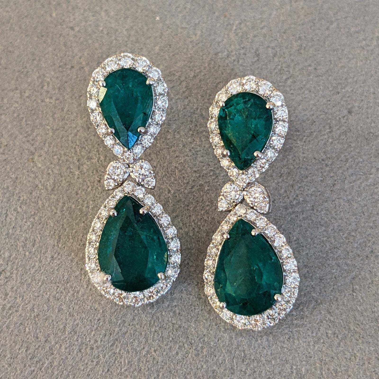 Natural Emerald and Diamond Drop Earrings in 18k White Gold