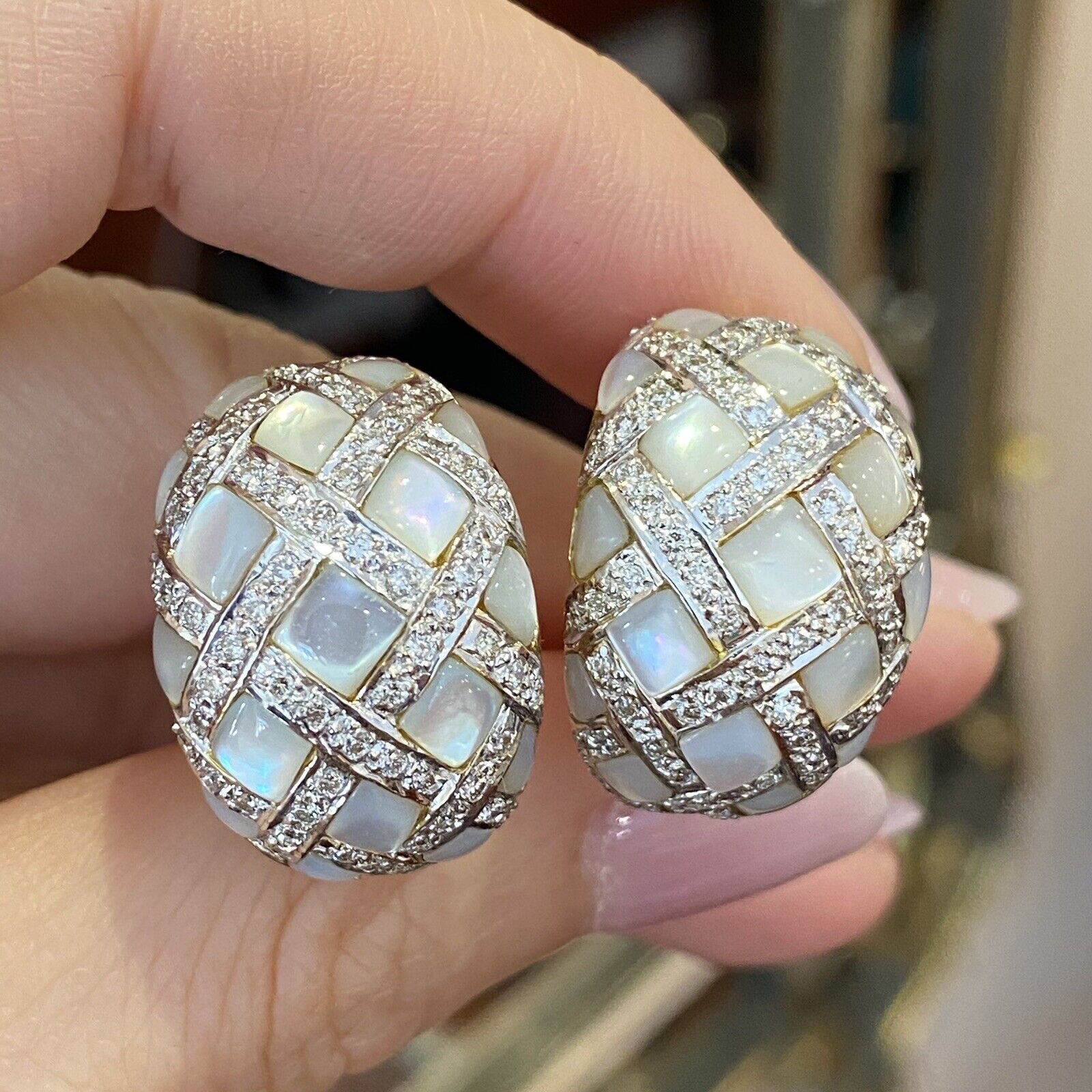 Diamond and Mother-of-Pearl Checkerboard Earrings in 18k White Gold