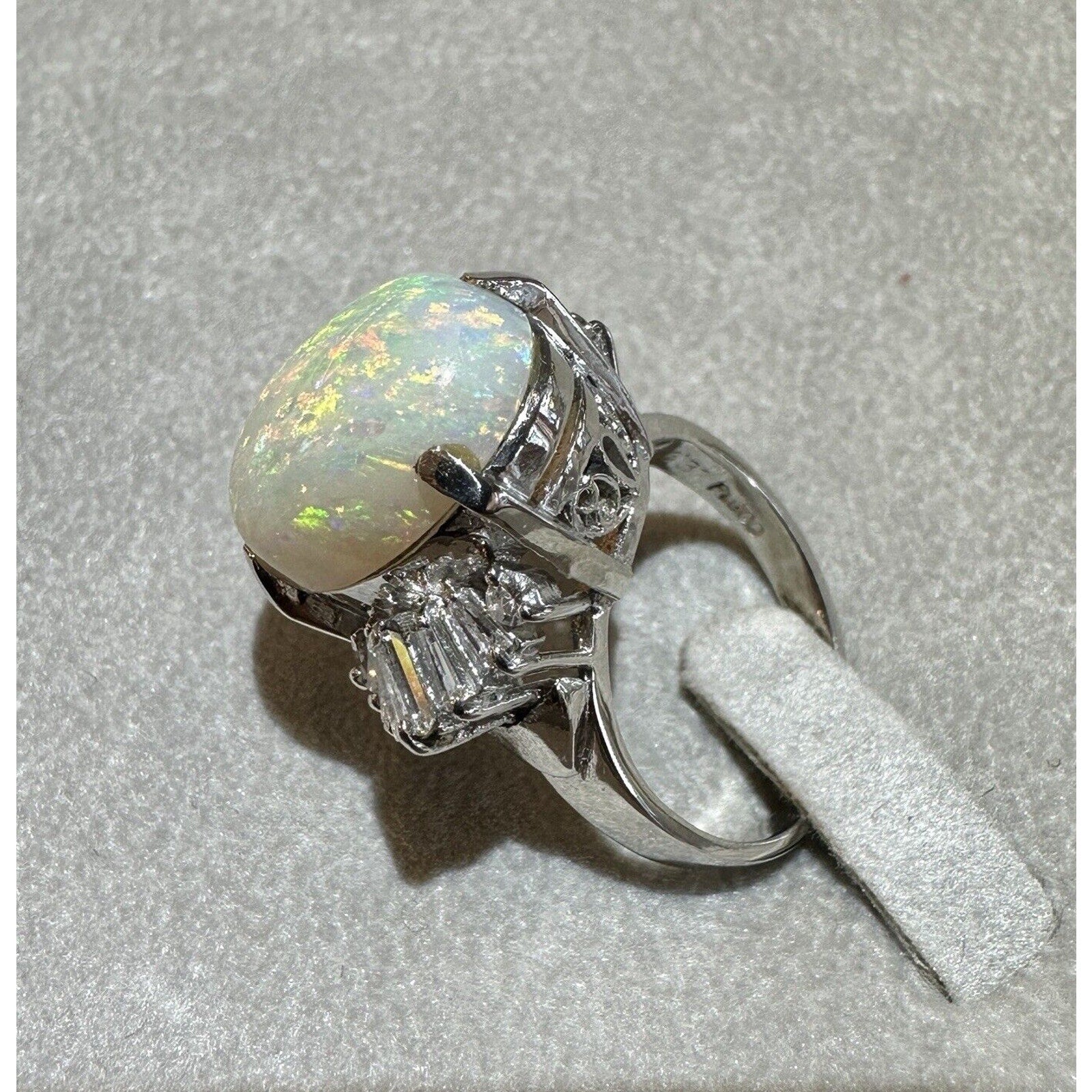 Natural 6.29 ct White Opal and Diamond Ring in Platinum