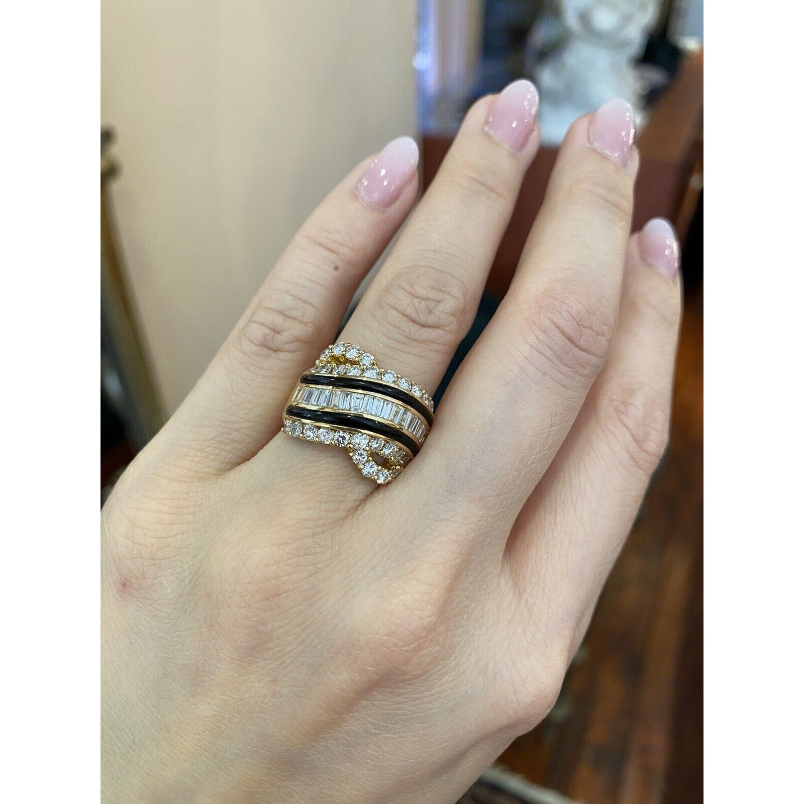 Wide Diamond Band Ring with Onyx in 18k Yellow Gold