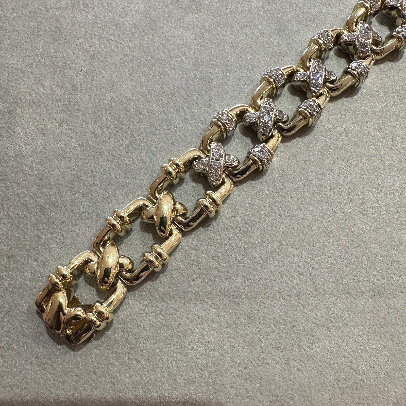 Heavy Vintage X Bracelet with Diamond Links in 18k Yellow Gold