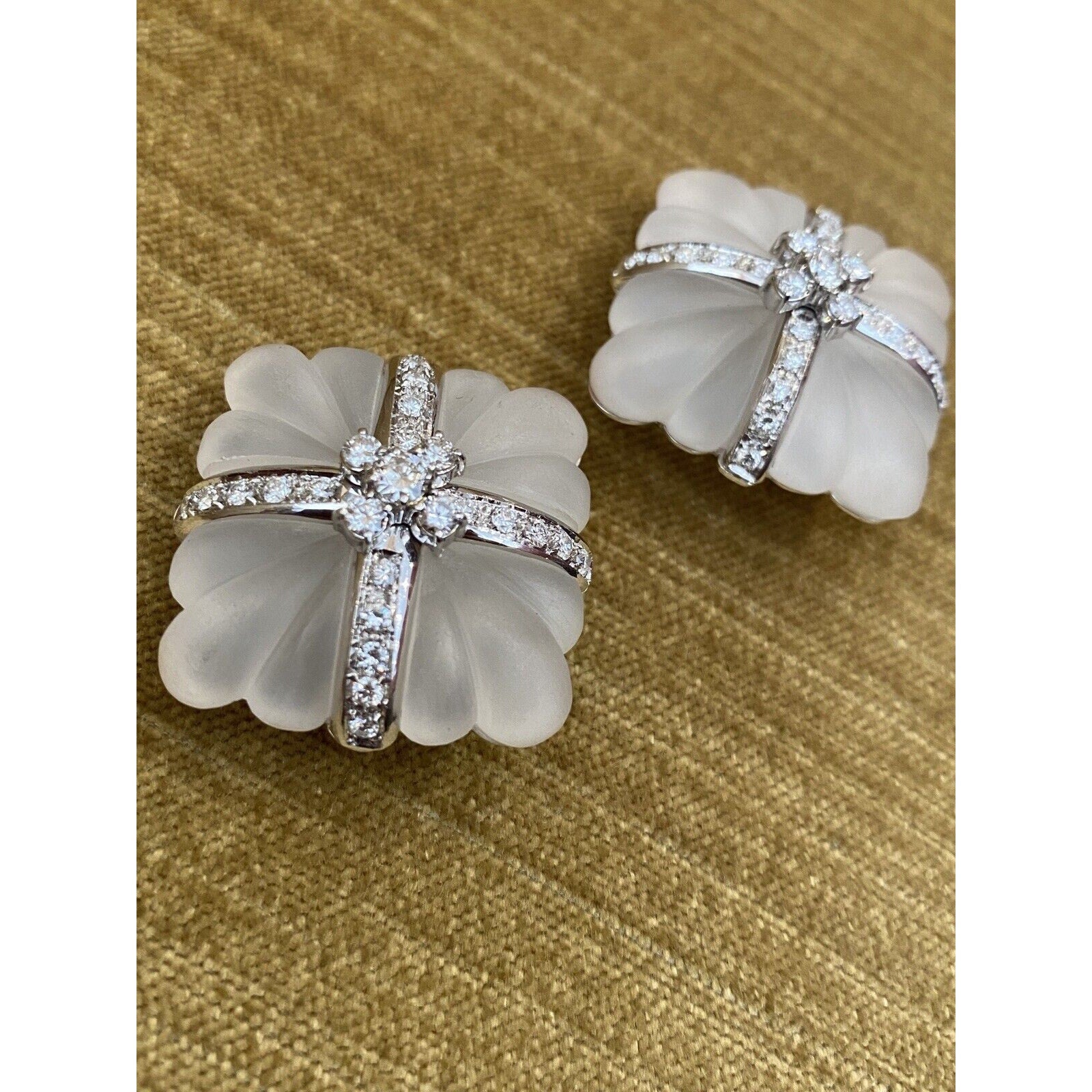 Large Carved Rock Crystal & Diamond Button Earrings in 18k White Gold- HM2401AA