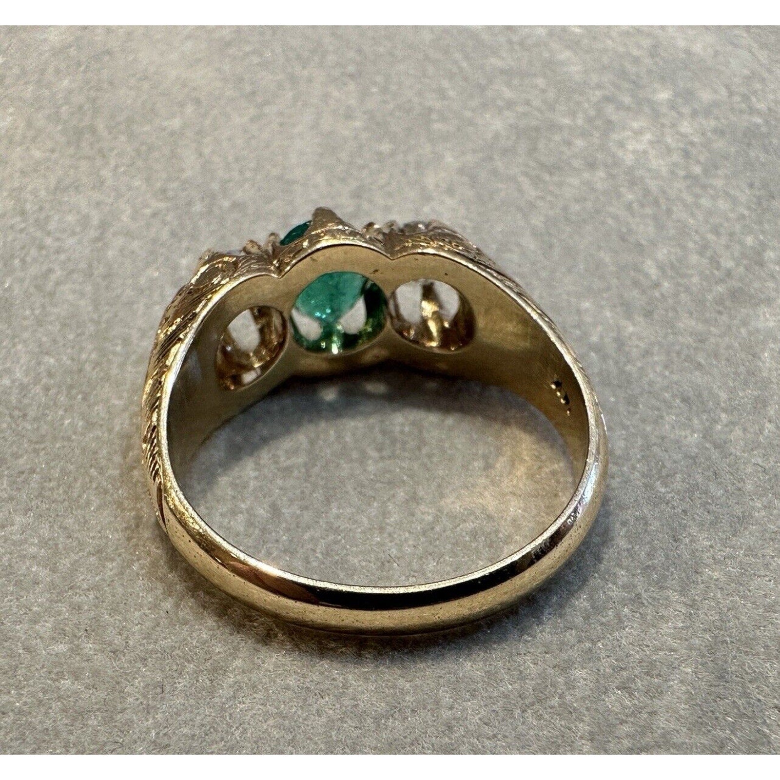 Estate Emerald & Diamond Three Stone Ring in 14k Yellow Gold