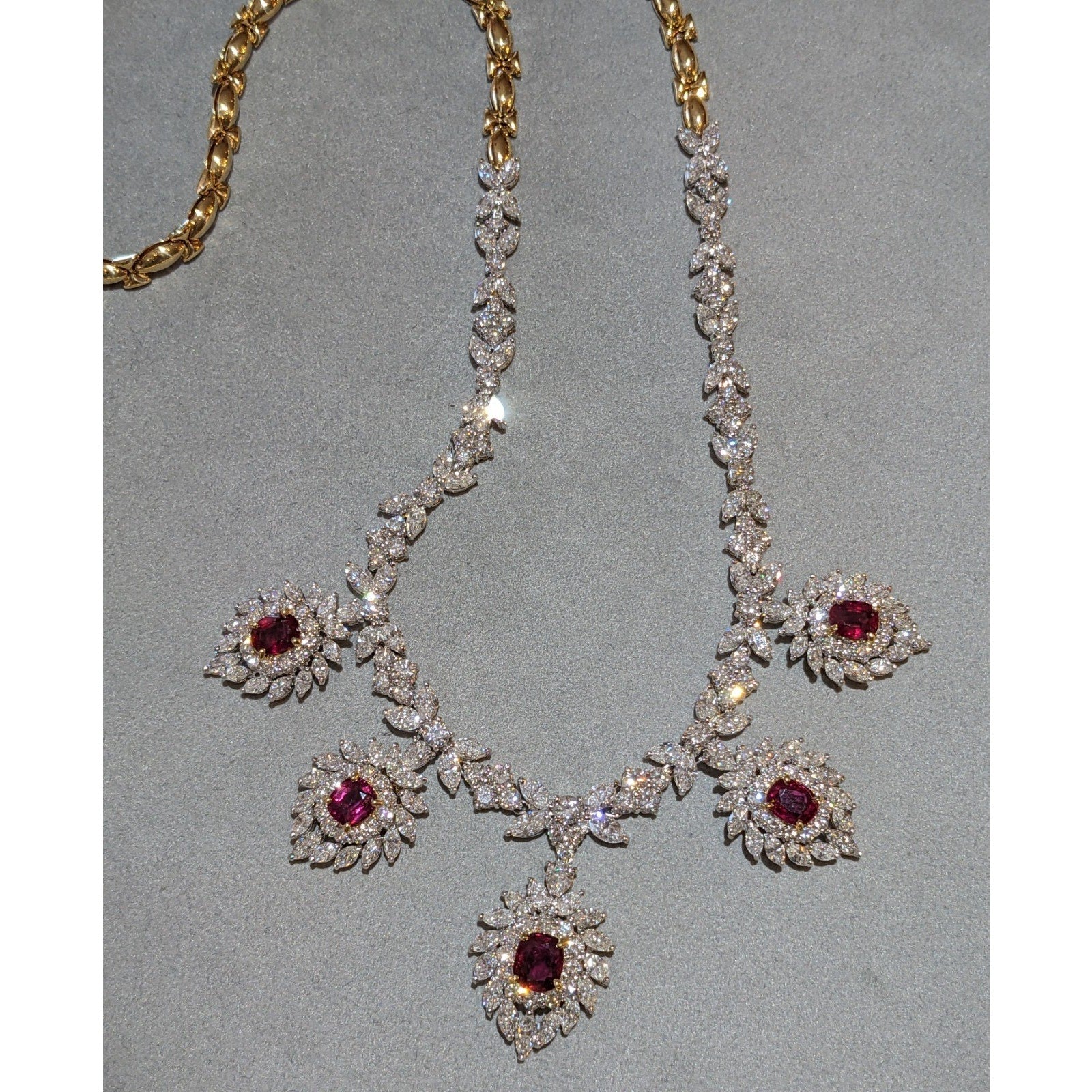 Vintage Drop Ruby and Diamond Necklace in 18k Yellow Gold
