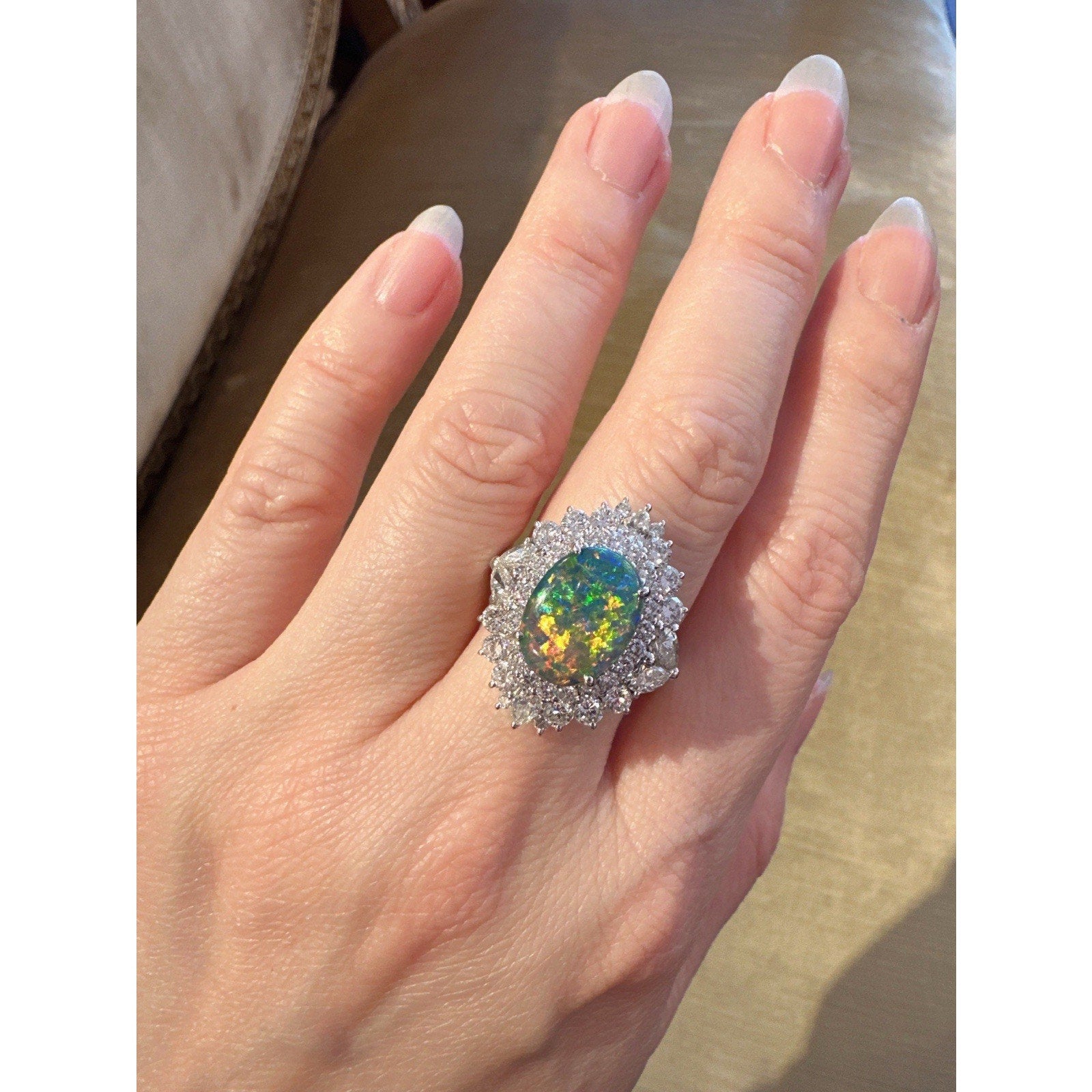 Natural Black Opal 2.53 ct and Diamond Cocktail Ring in Platinum
