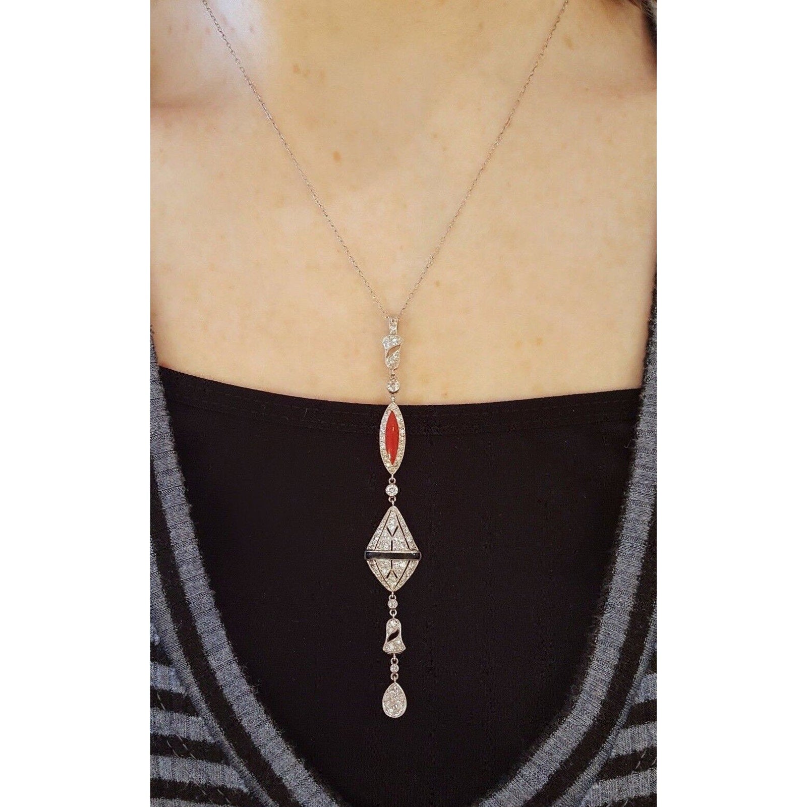 Vintage Diamond & Enamel Drop Necklace in 18k White Gold & Platinum