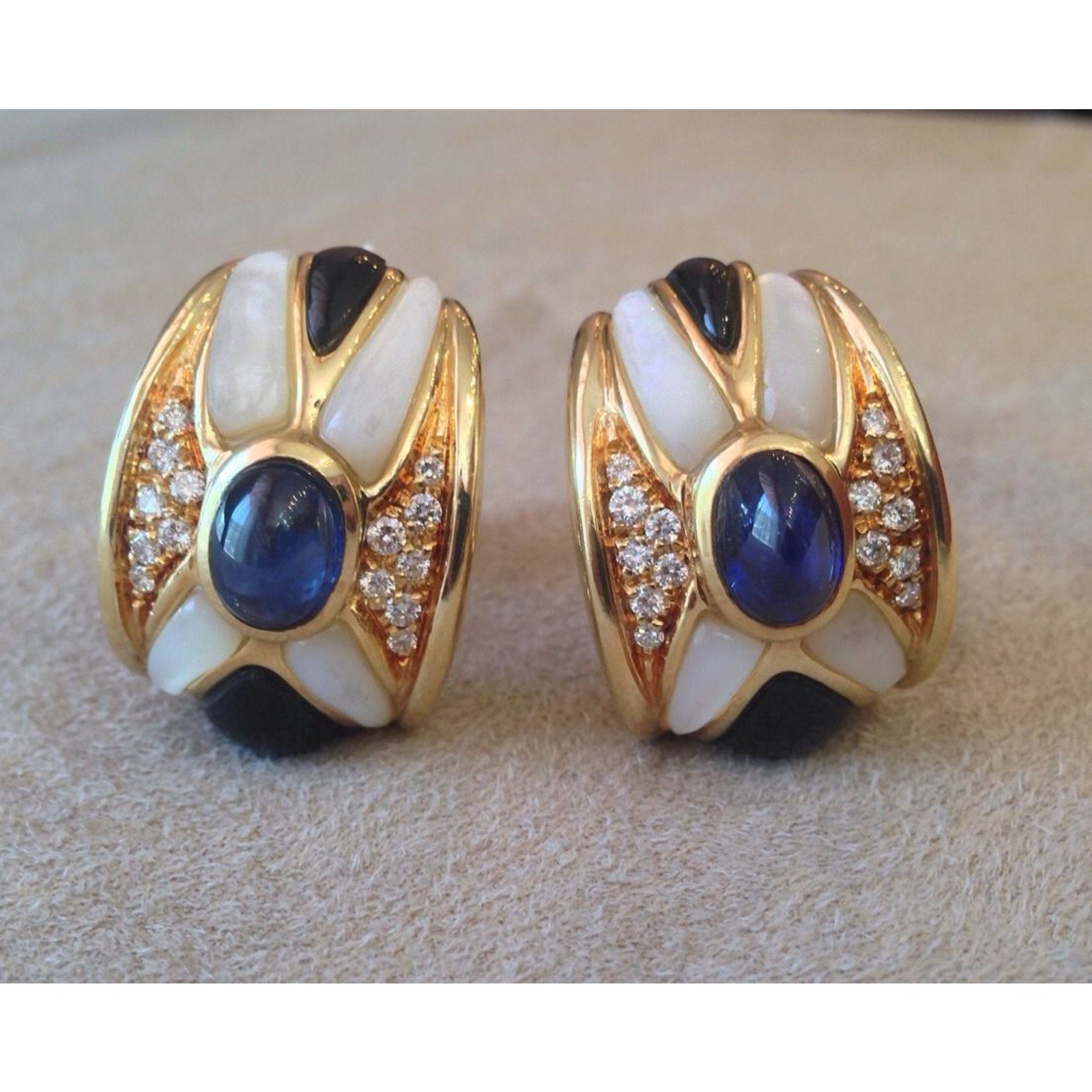 Sapphire, Diamond and Onyx Half Hoop Earrings in 18K Yellow Gold