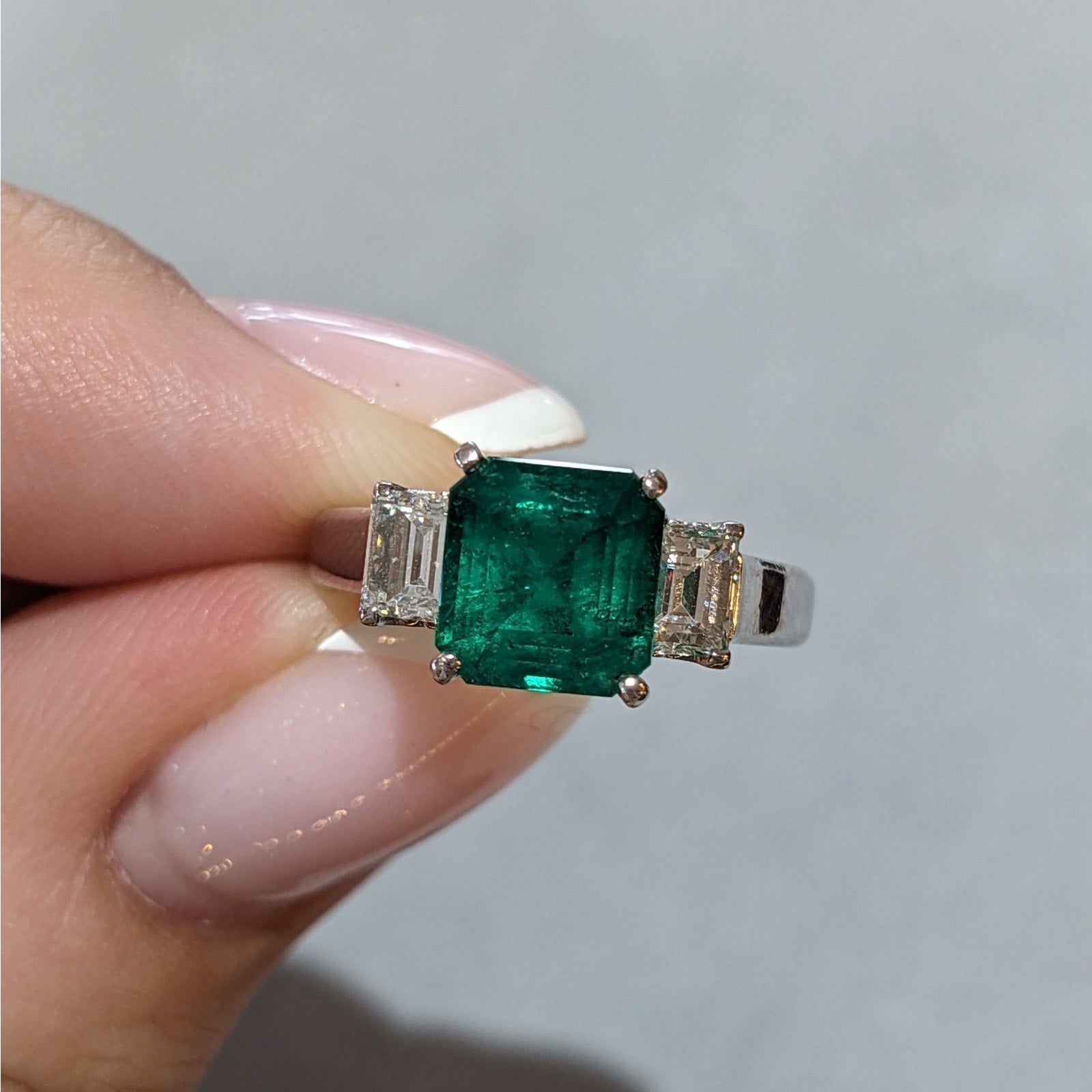 GIA 1.56 ct Colombian Emerald and Diamond 3-Stone Ring in Platinum