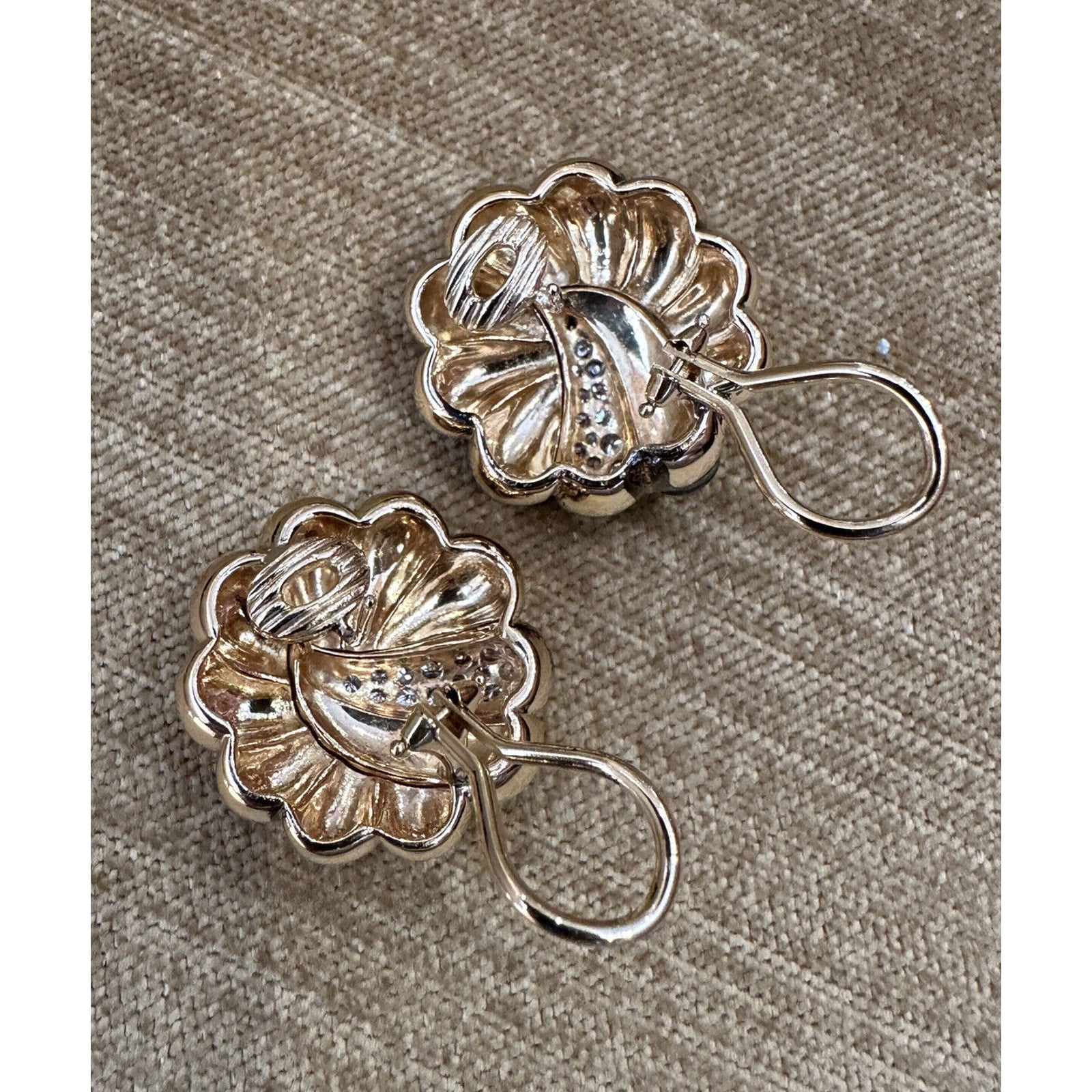 Green Enamel & Diamond Scallop Earrings in 18k Yellow Gold