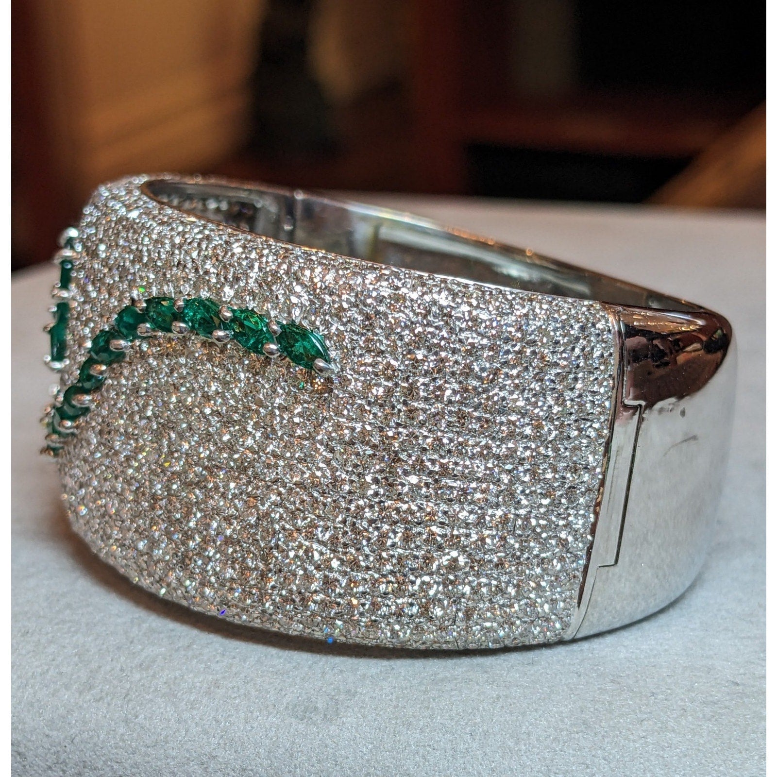 Wide Pave Diamond and Marquise Emerald Bangle Bracelet in 18k Gold