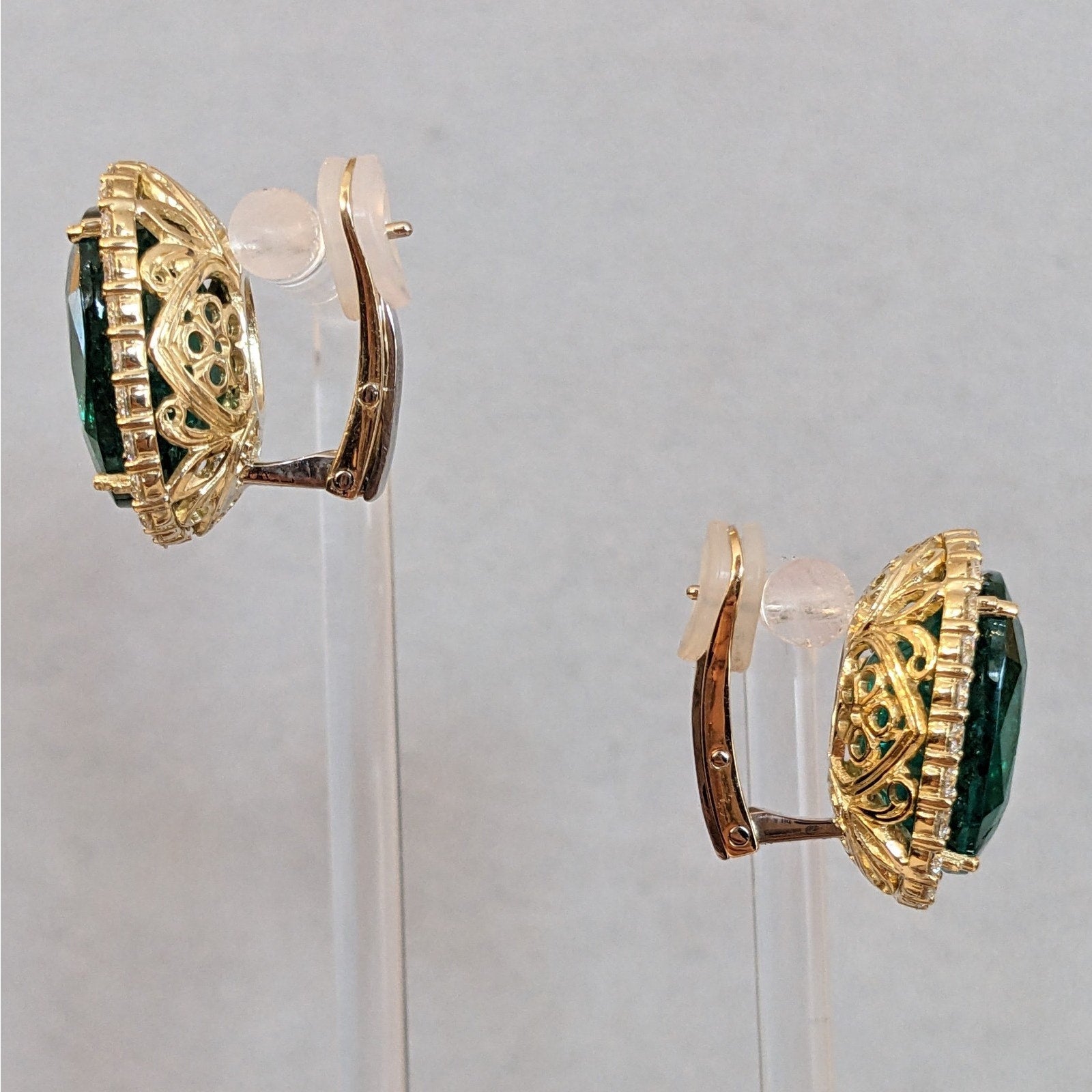 AGL 29.15 cts Cushion Emerald Halo Diamond Earrings 18k Yellow Gold
