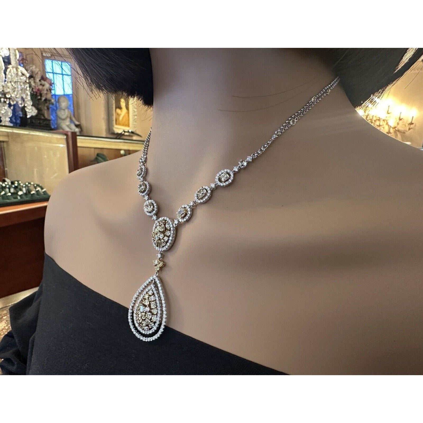 Natural Color Diamond Drop Pendant Necklace in 18k White and Yellow Gold