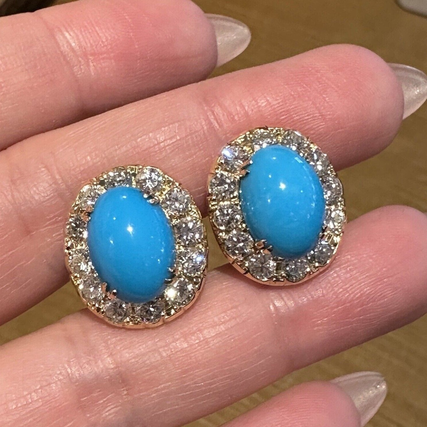 Turquoise and Diamond Halo Button Earrings in 18k Yellow Gold