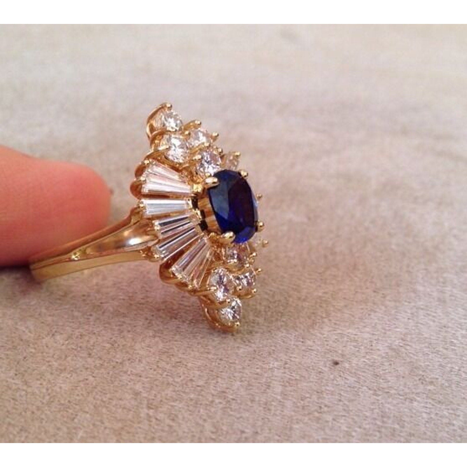 Sapphire and Diamond Ring with Baguettes and Rounds in 18k Yellow Gold