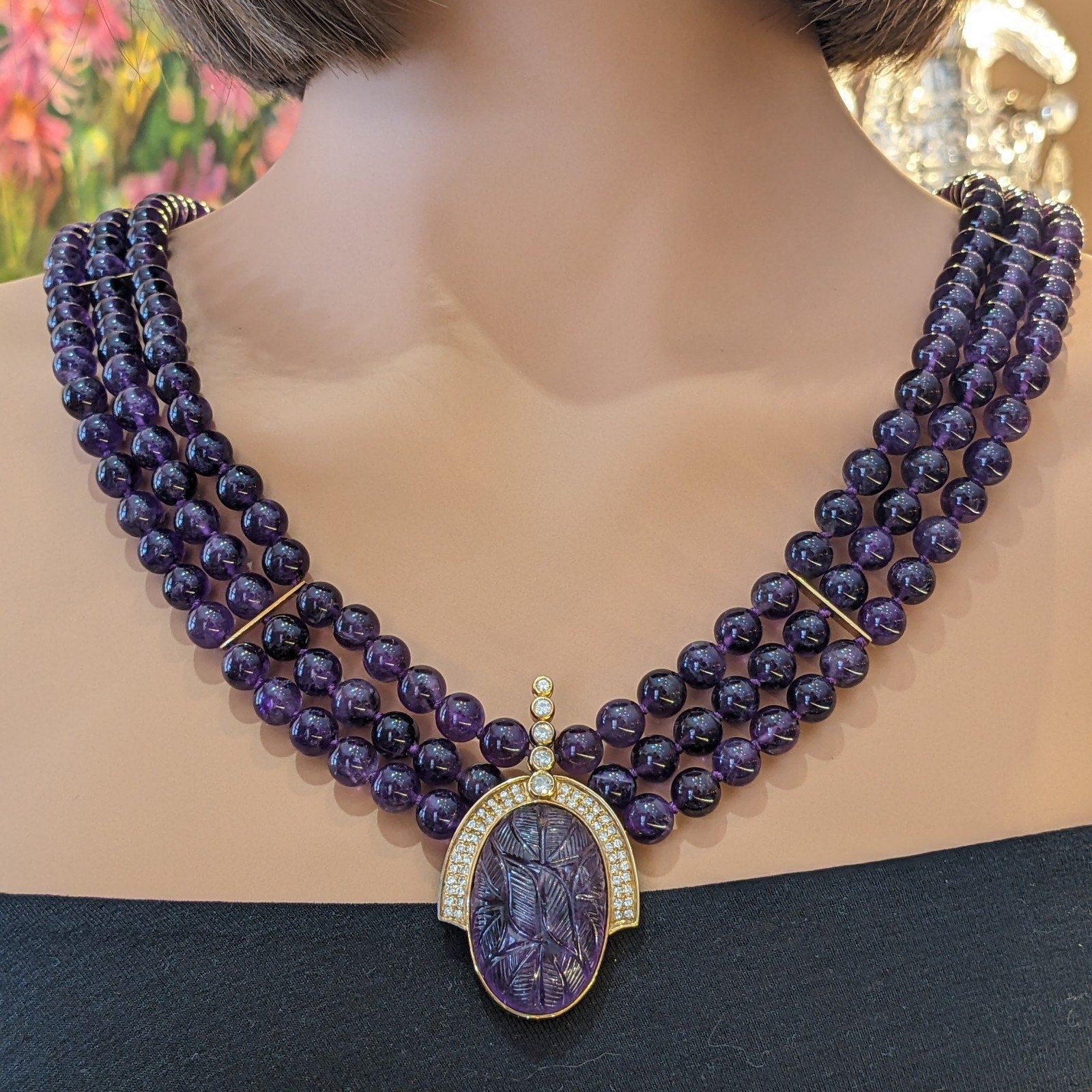 Carved Amethyst and Diamond Pendant Bead Necklace in 18k Yellow Gold