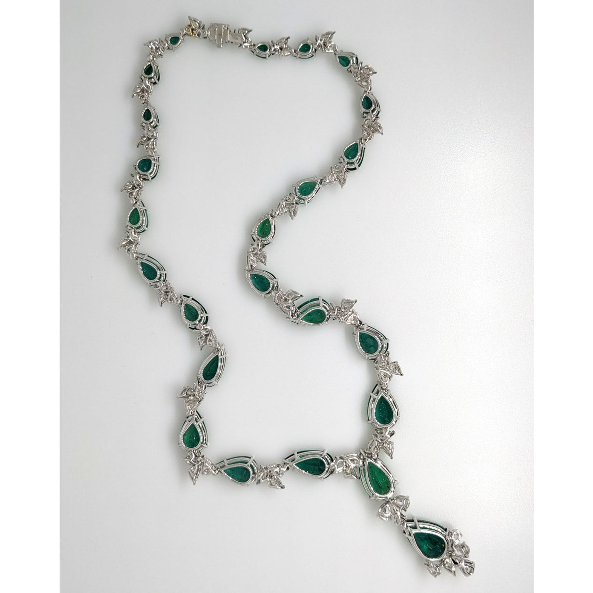 AGL Pear Emerald & Diamond Necklace Earrings Set in 18k White Gold
