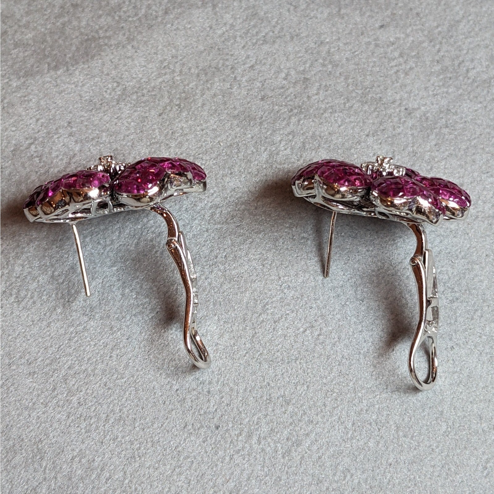 Natural Ruby Mystery Set Flower Earrings with Diamonds in 18k White Gold