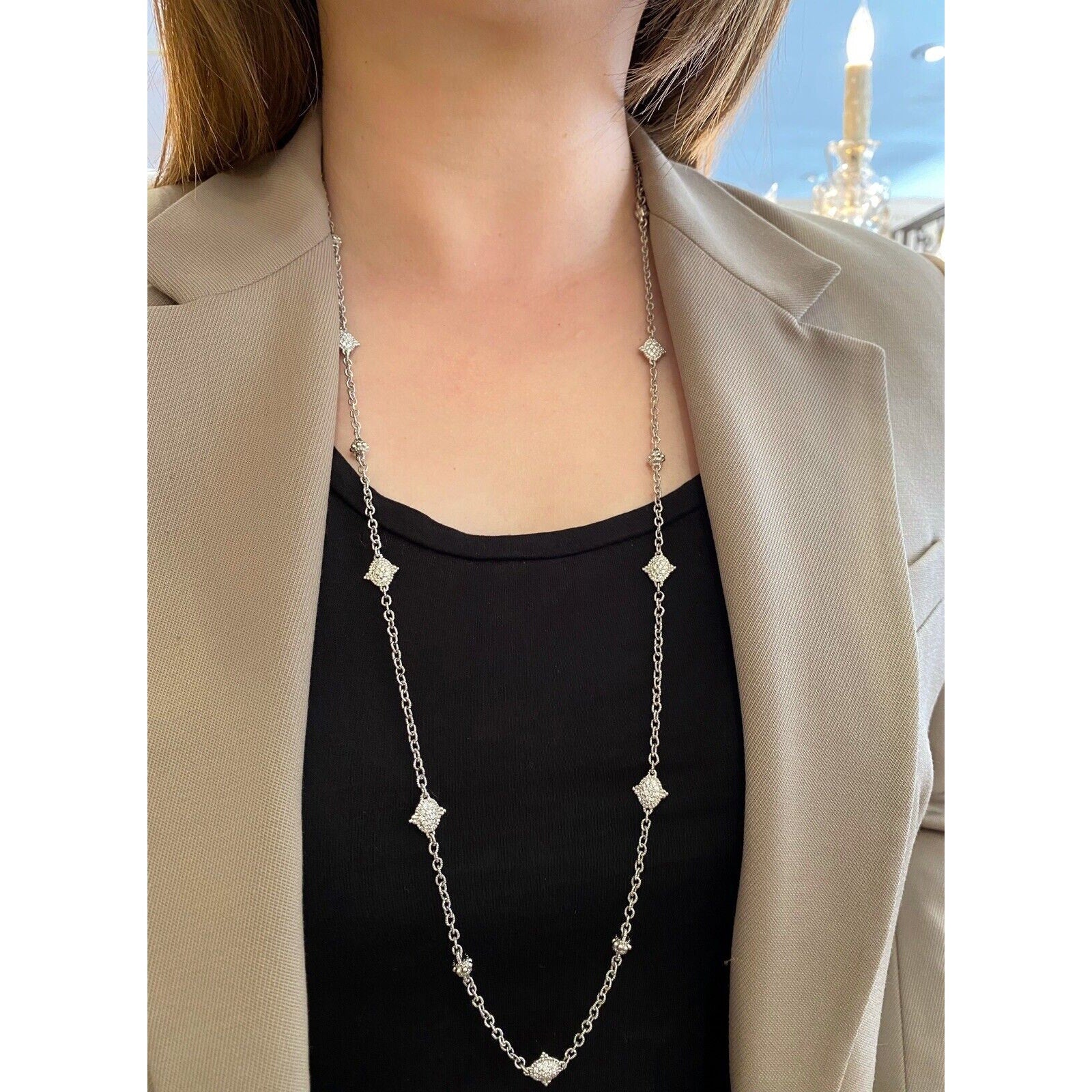 Judith Ripka 35" Long Pave Diamond Station Necklace in 18k White Gold -HM2258BB