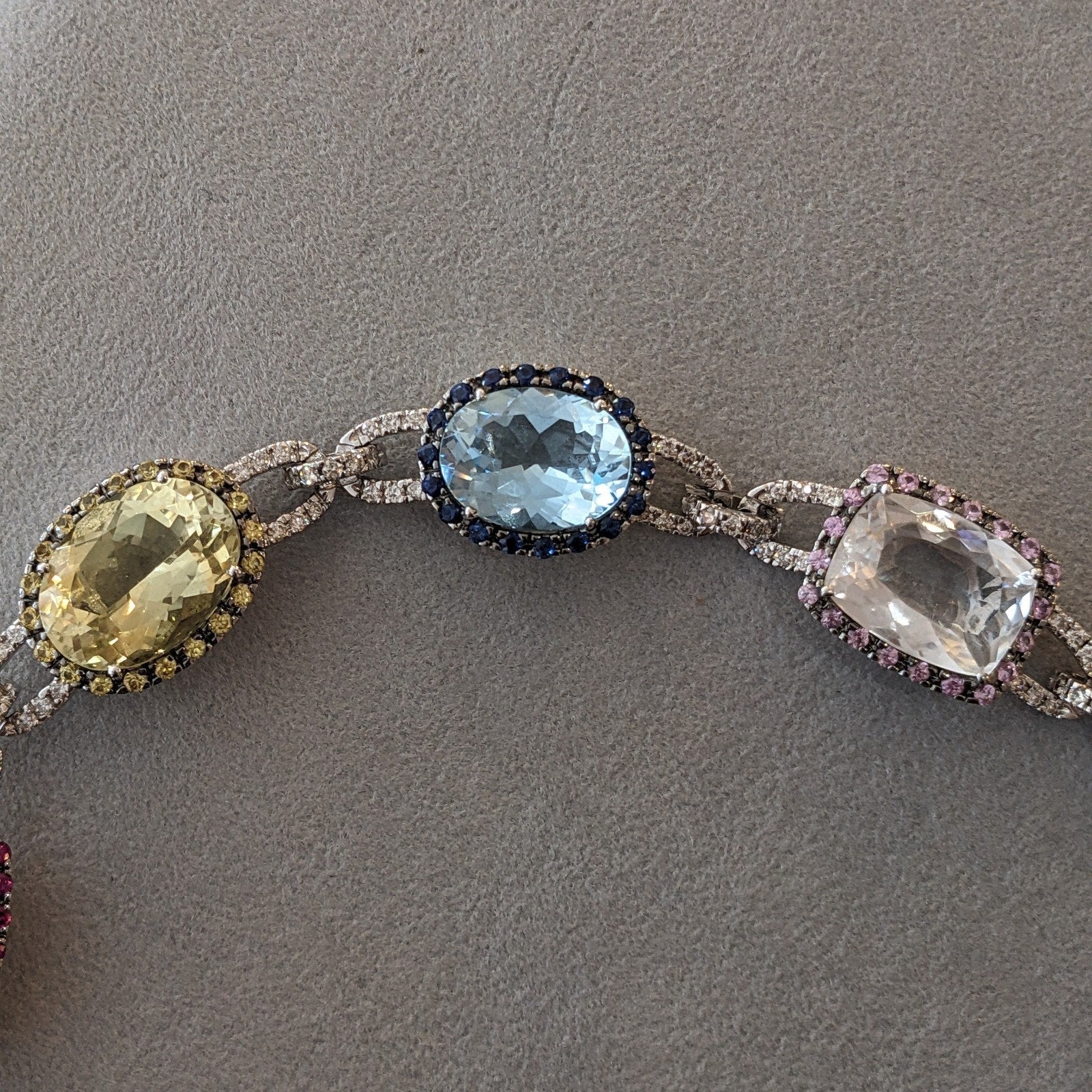 Multi-Color Gemstone Necklace with Diamonds in 18k White Gold