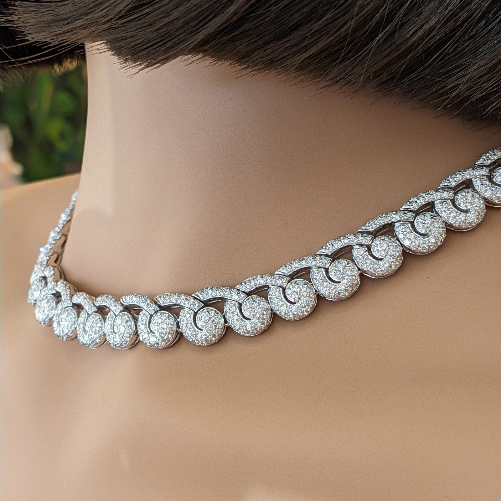 Pave Diamond Scroll Link Choker Necklace in 18k White Gold
