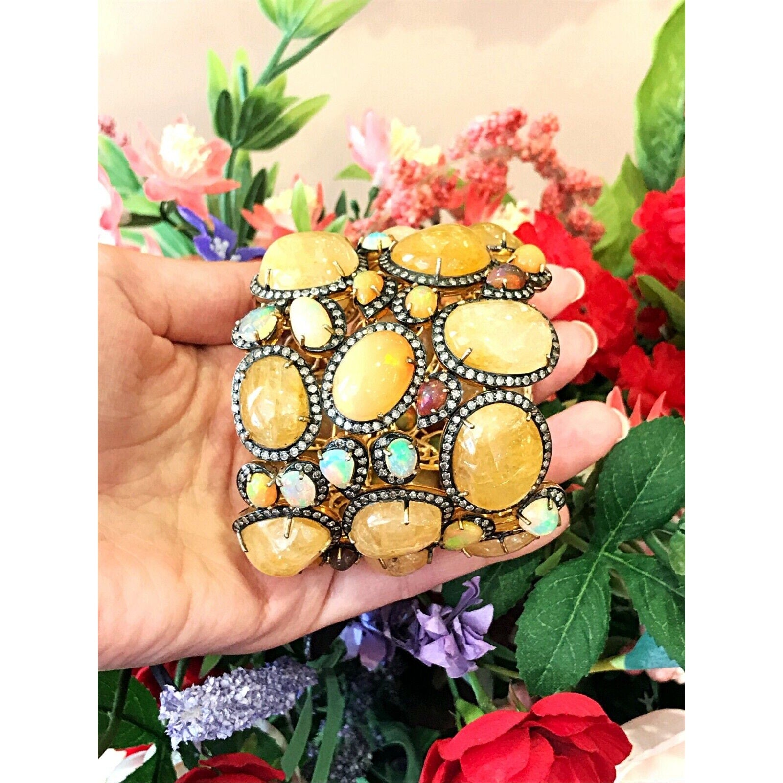 Sapphire, Opal & Diamond Wide Bracelet in 18K Gold with Black Rhodium