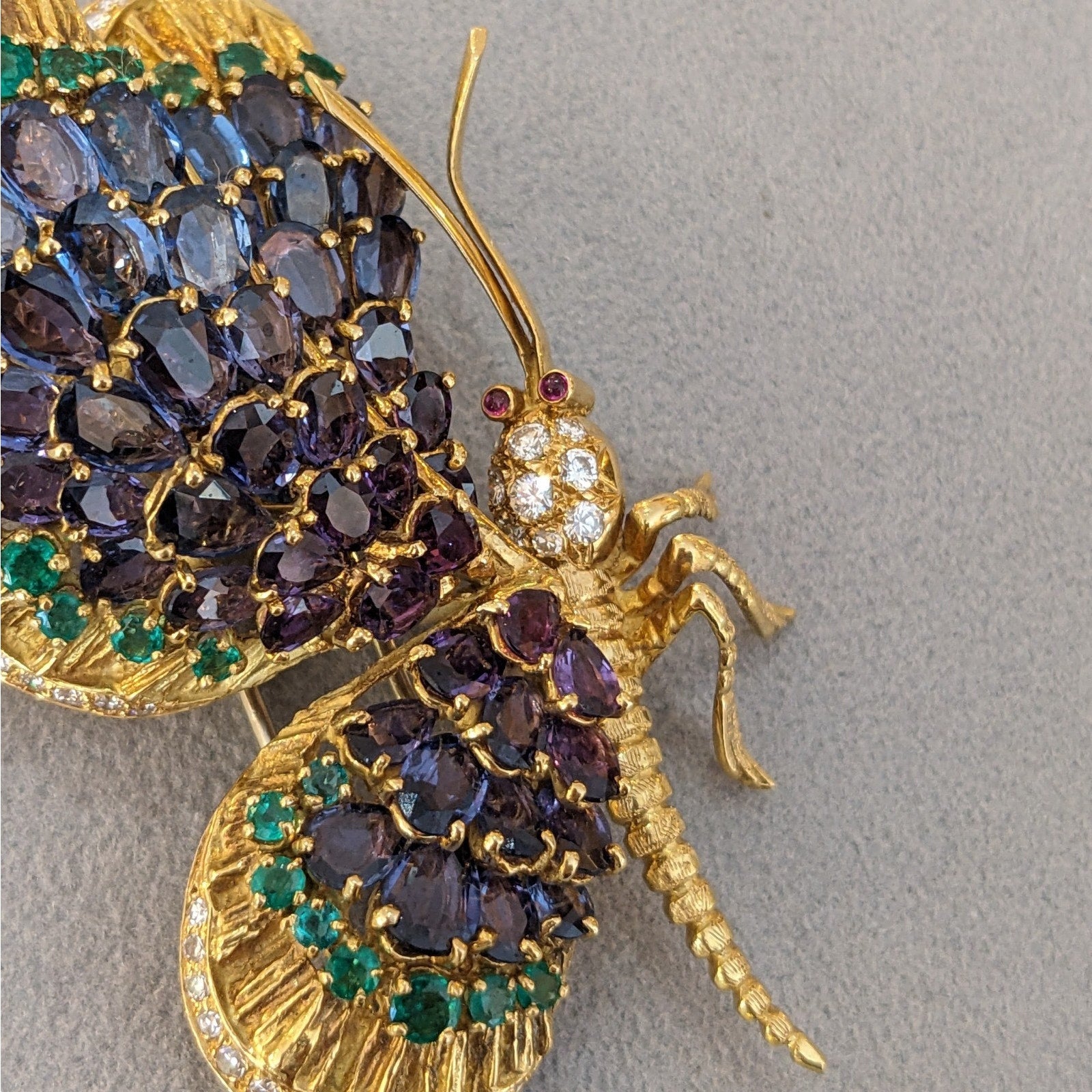 Large Sapphire, Emerald, and Diamond Butterfly Pin in 18k Yellow Gold
