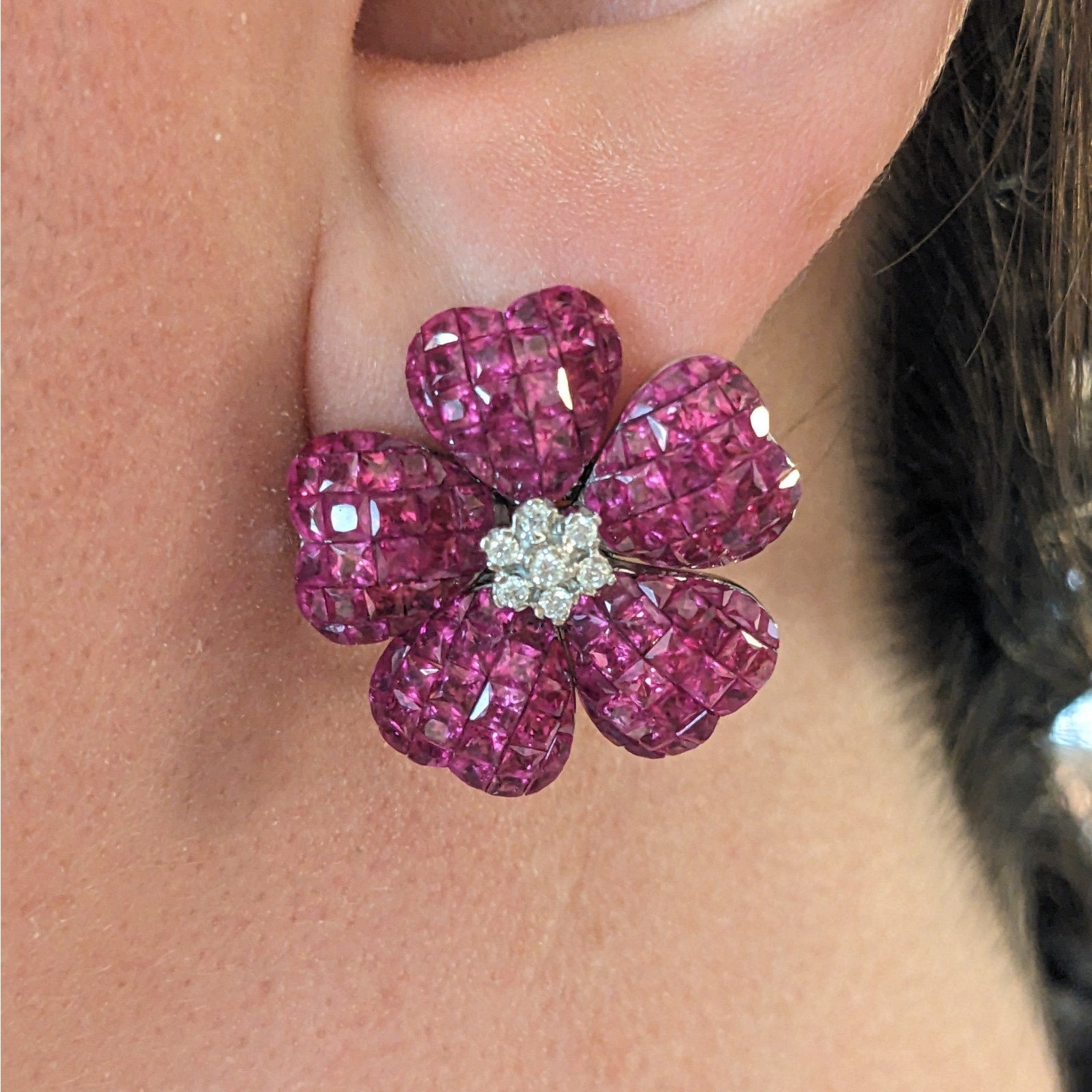 Natural Ruby Mystery Set Flower Earrings with Diamonds in 18k White Gold