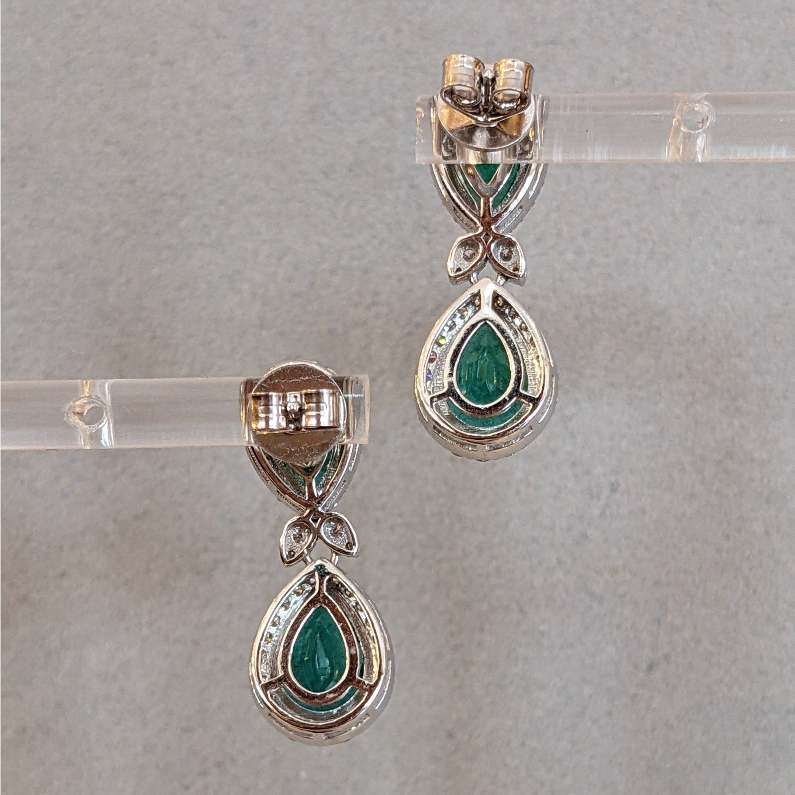Natural Emerald and Diamond Drop Earrings in 18k White Gold