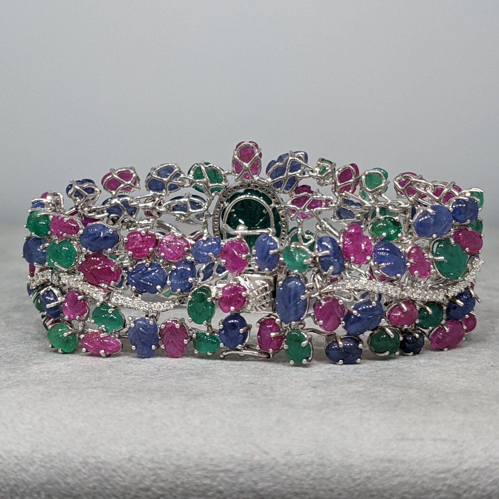 Carved Emerald, Ruby & Sapphire Bracelet with Diamonds in 18k White Gold