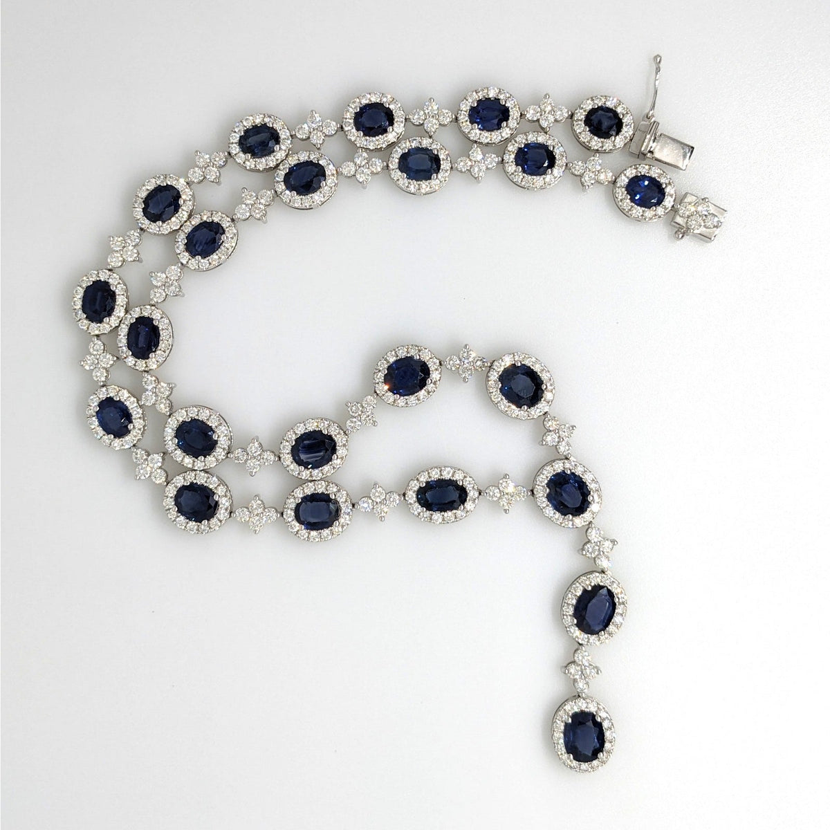 Natural Sapphire & Diamond Y-Drop Necklace in 18k White Gold
