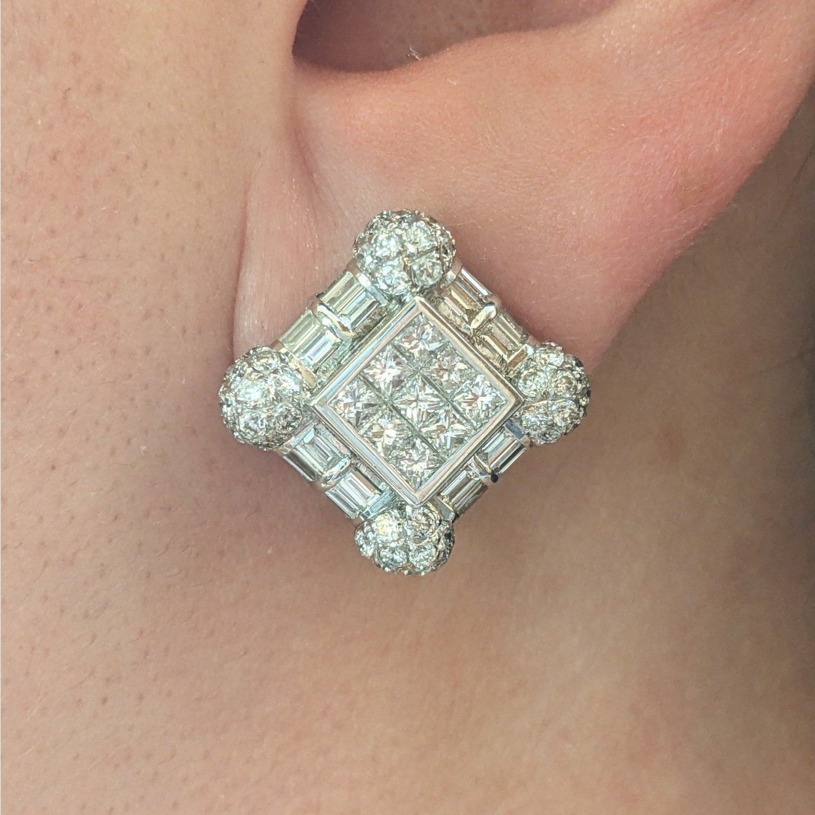 Natural Diamond Square Button Earrings in 18k White Gold