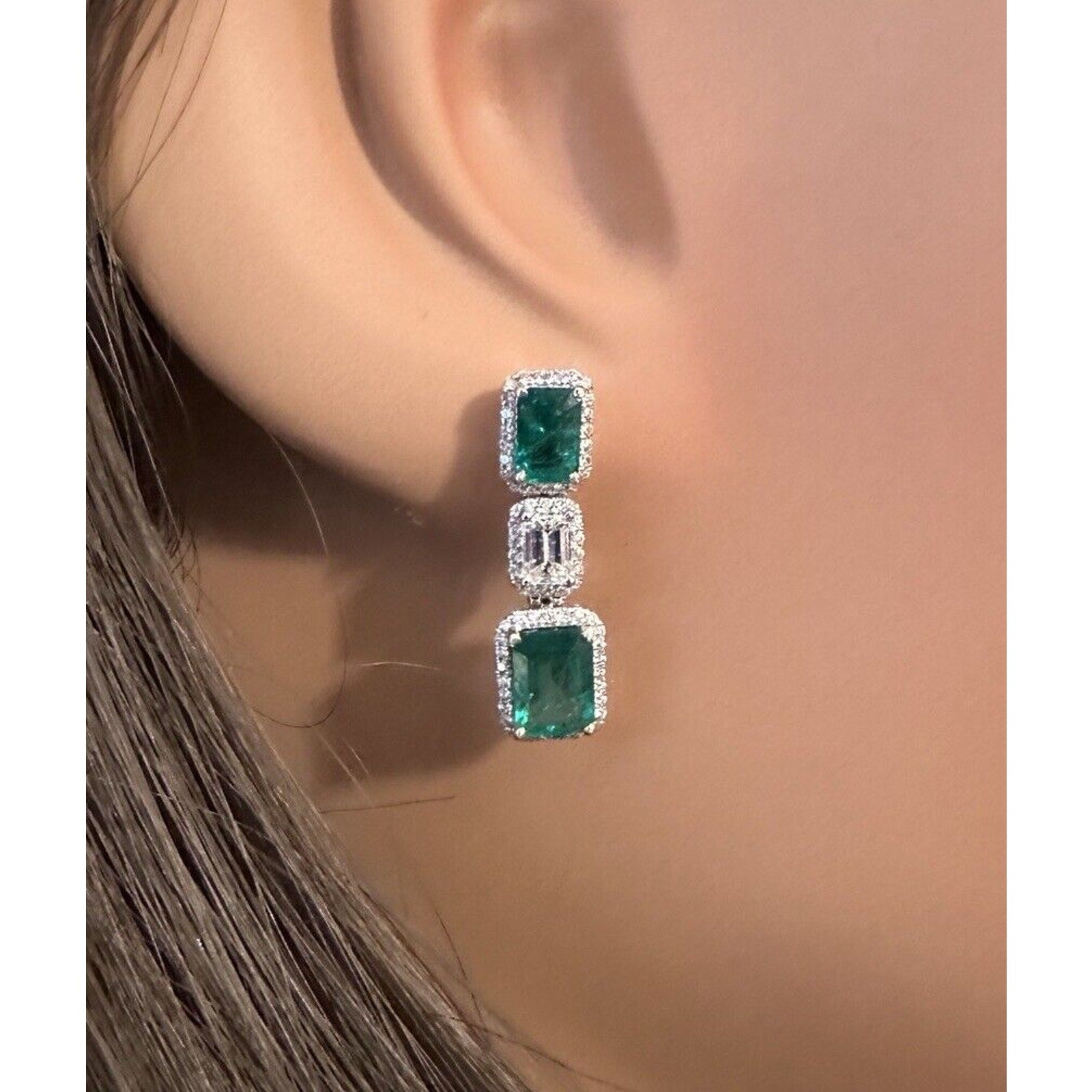 Natural Emerald and Diamond Drop Earrings in 18k White Gold