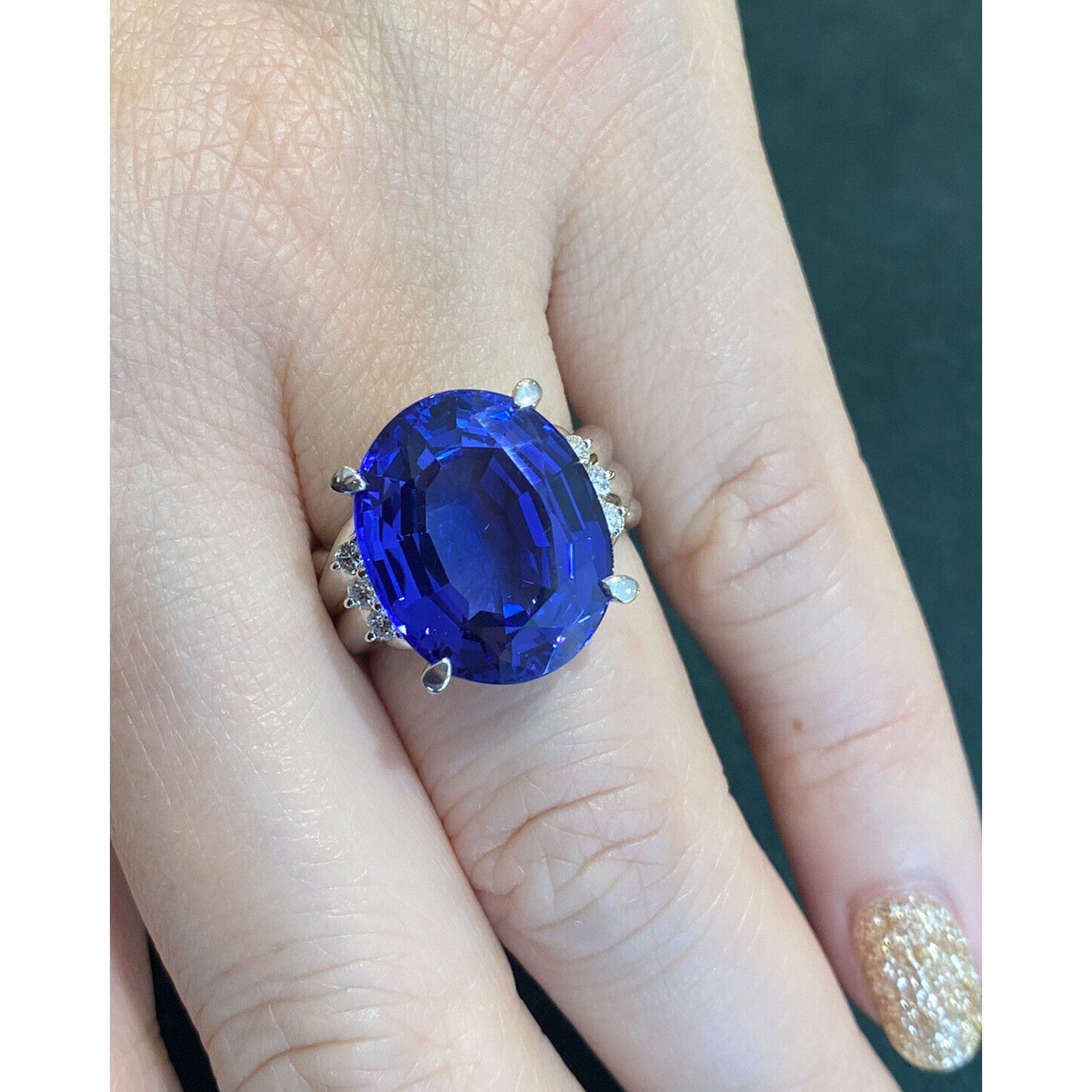 GIA 12.80 carats Oval Tanzanite & Diamond Cocktail Ring in Platinum - HM2171B