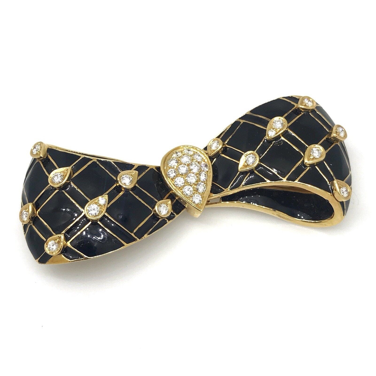 Large Black Enamel and Diamond Bow Pin / Brooch in 18k Yellow Gold