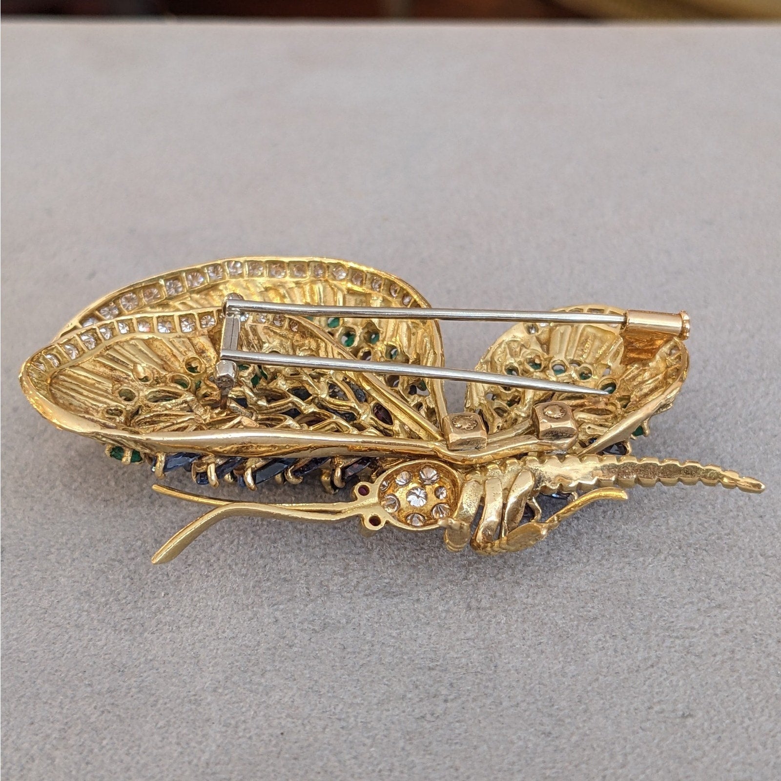 Large Sapphire, Emerald, and Diamond Butterfly Pin in 18k Yellow Gold