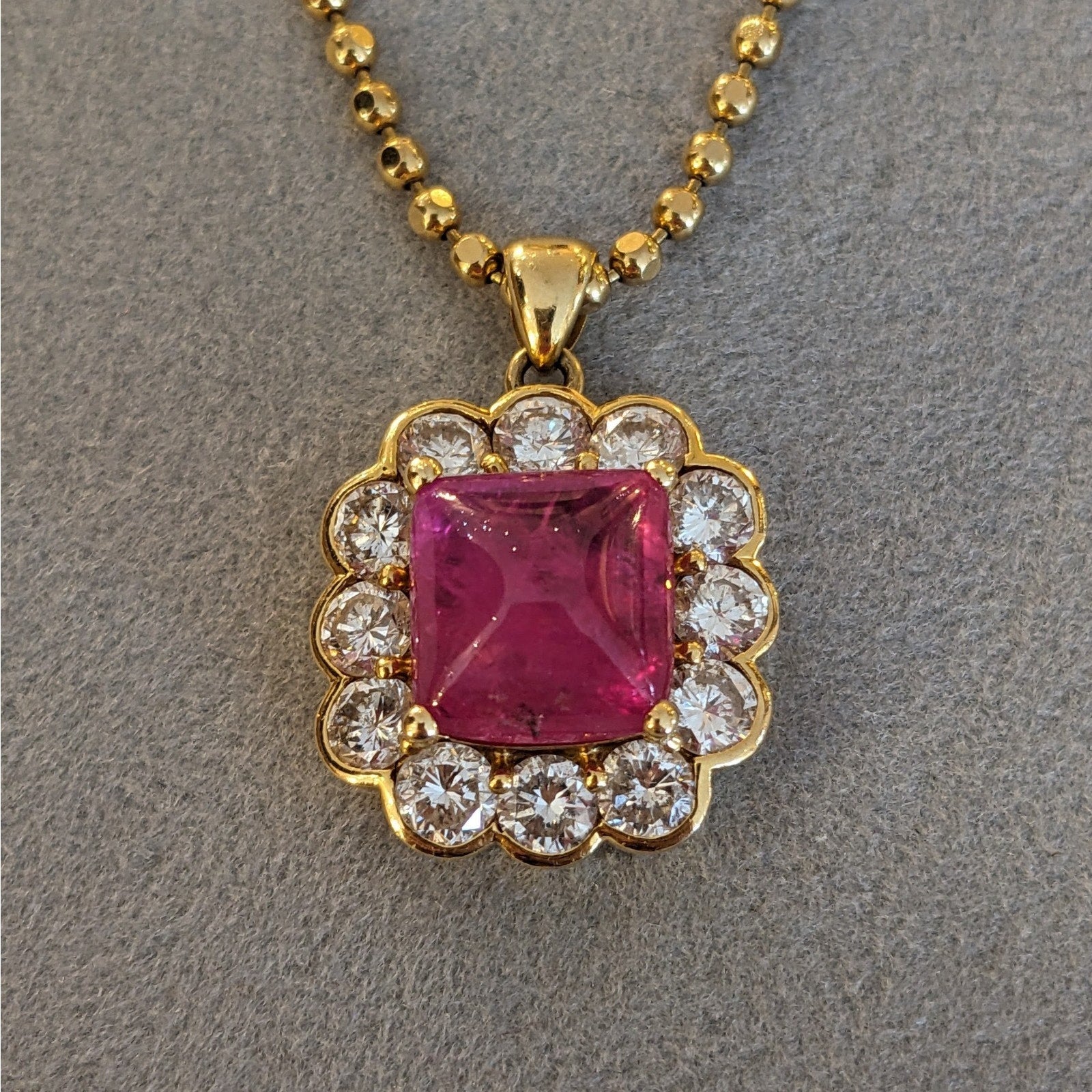 GIA 4.97 ct UnHeated Cabochon Ruby Necklace Halo Diamonds in 18k Yellow Gold