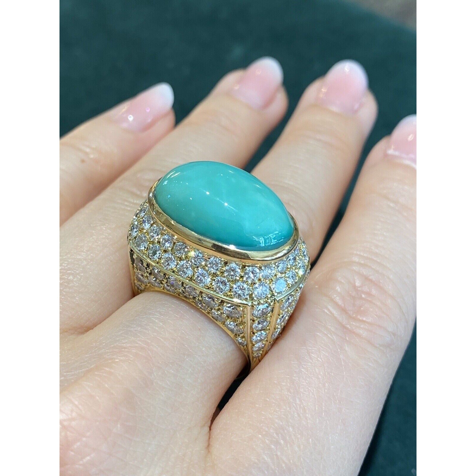 Large Estate Pave Diamond and Turquoise Dome Ring in 18k Yellow Gold - HM1799EE