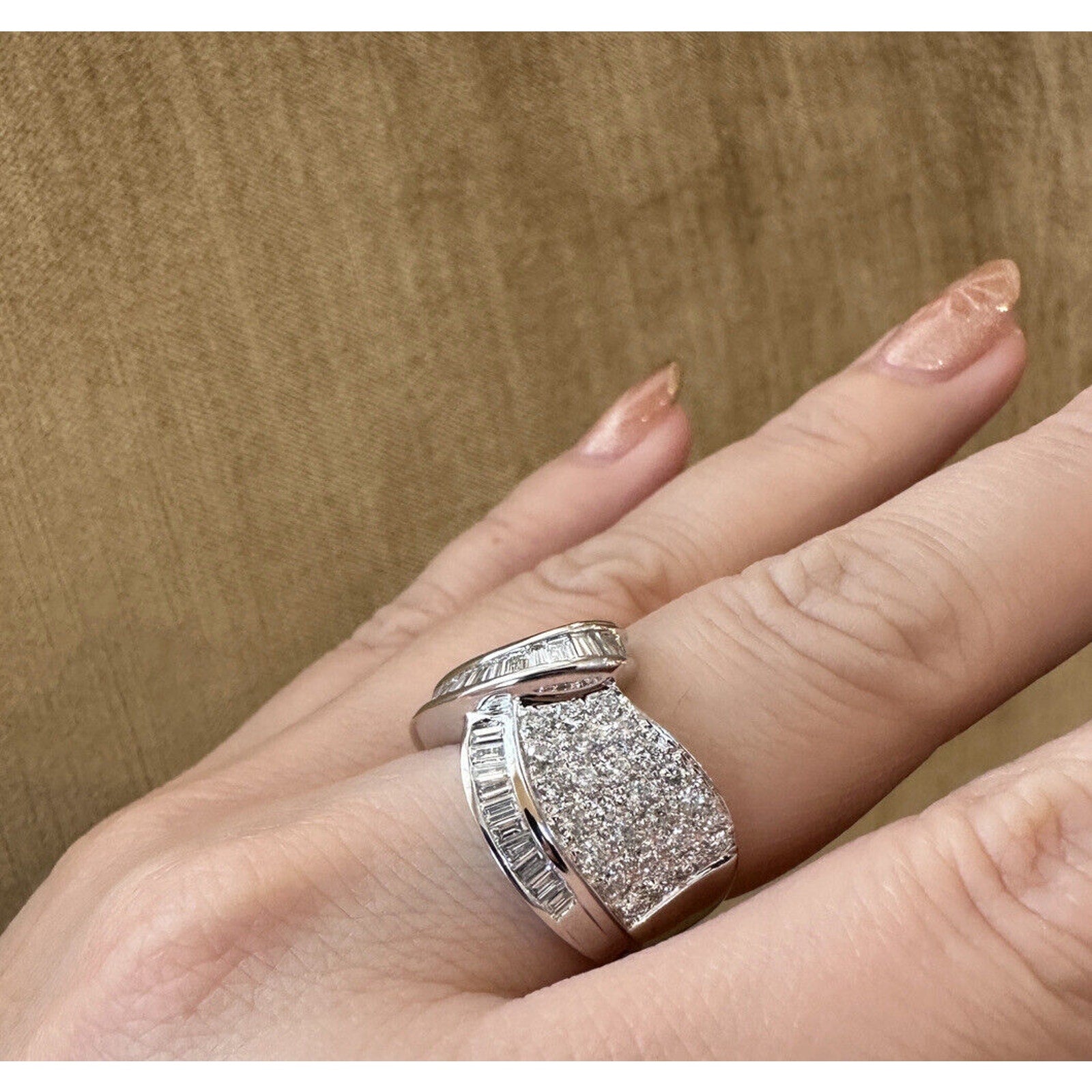 Wide Baguette and Round Diamond Twist Ring 1.75 cttw in 18k White Gold