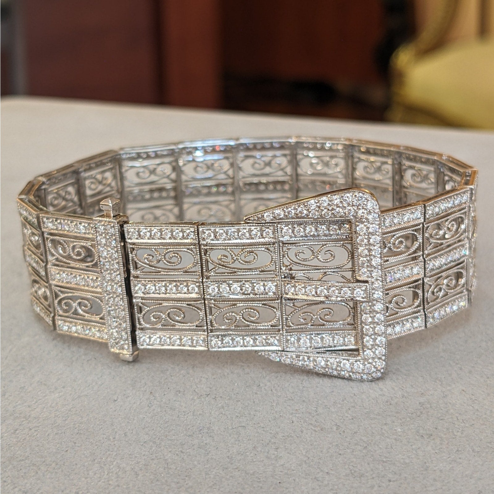Wide Vintage Diamond Buckle Bracelet in 18k White Gold