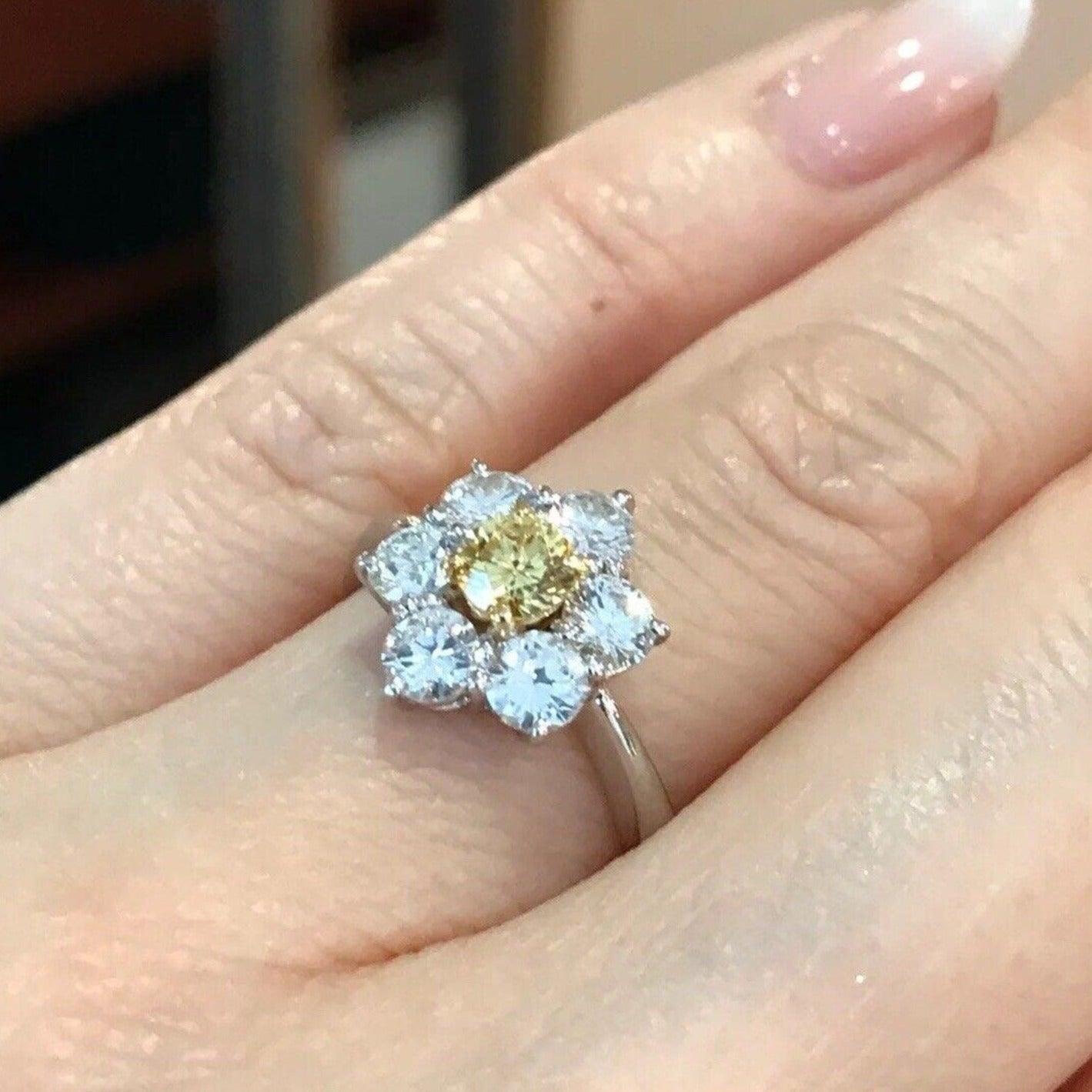 GIA Fancy Intense Yellow Diamond Floret Ring in Platinum /18k Gold