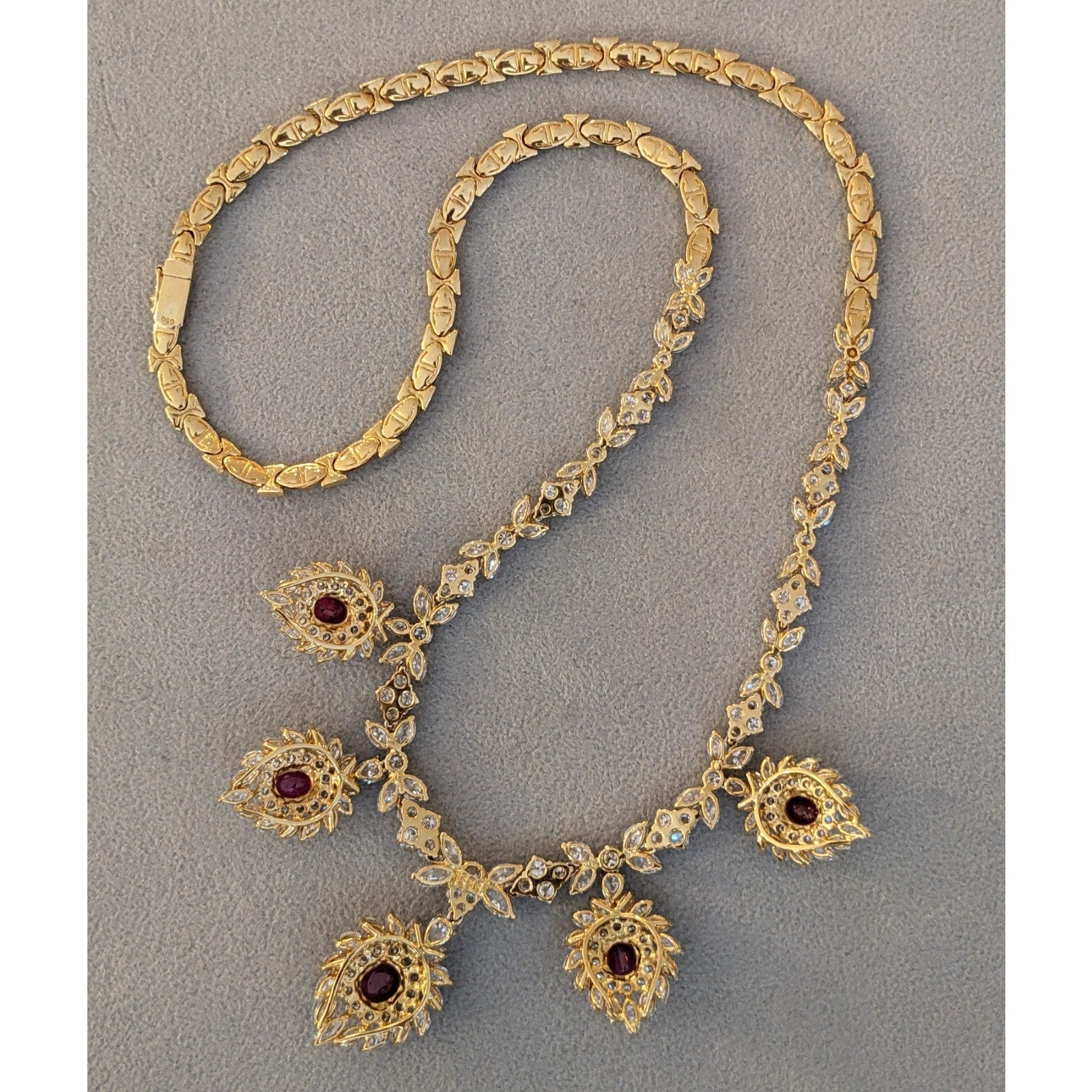 Vintage Drop Ruby and Diamond Necklace in 18k Yellow Gold